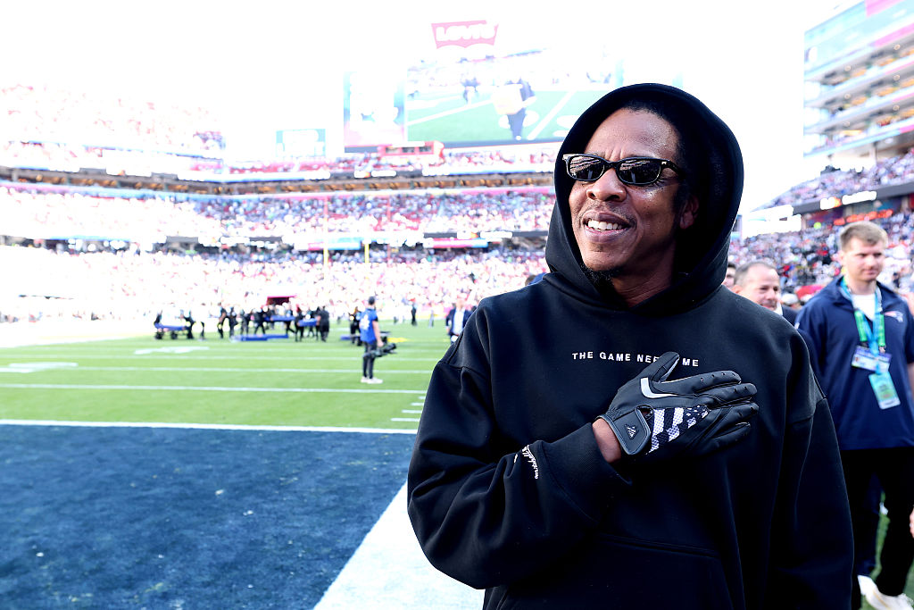 SANTA CLARA, CALIFORNIA - FEBRUARY 08: Jay-Z looks on prior to the start of Super Bowl LX  between the Seattle Seahawks and the New England Patriots at Levi's Stadium on February 08, 2026 in Santa Clara, California.  (Photo by Kevin C. Cox/Getty Images)