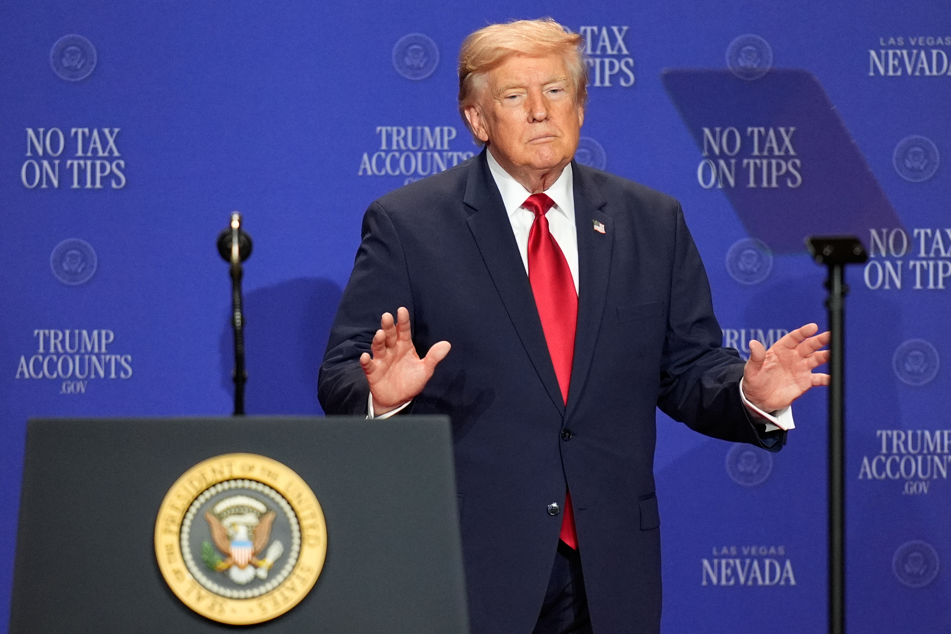 President Donald Trump arrives at an event at the Red Rock Resort in Las Vegas, Wednesday, Aug. 5, 2026. (AP Photo/John Locher)