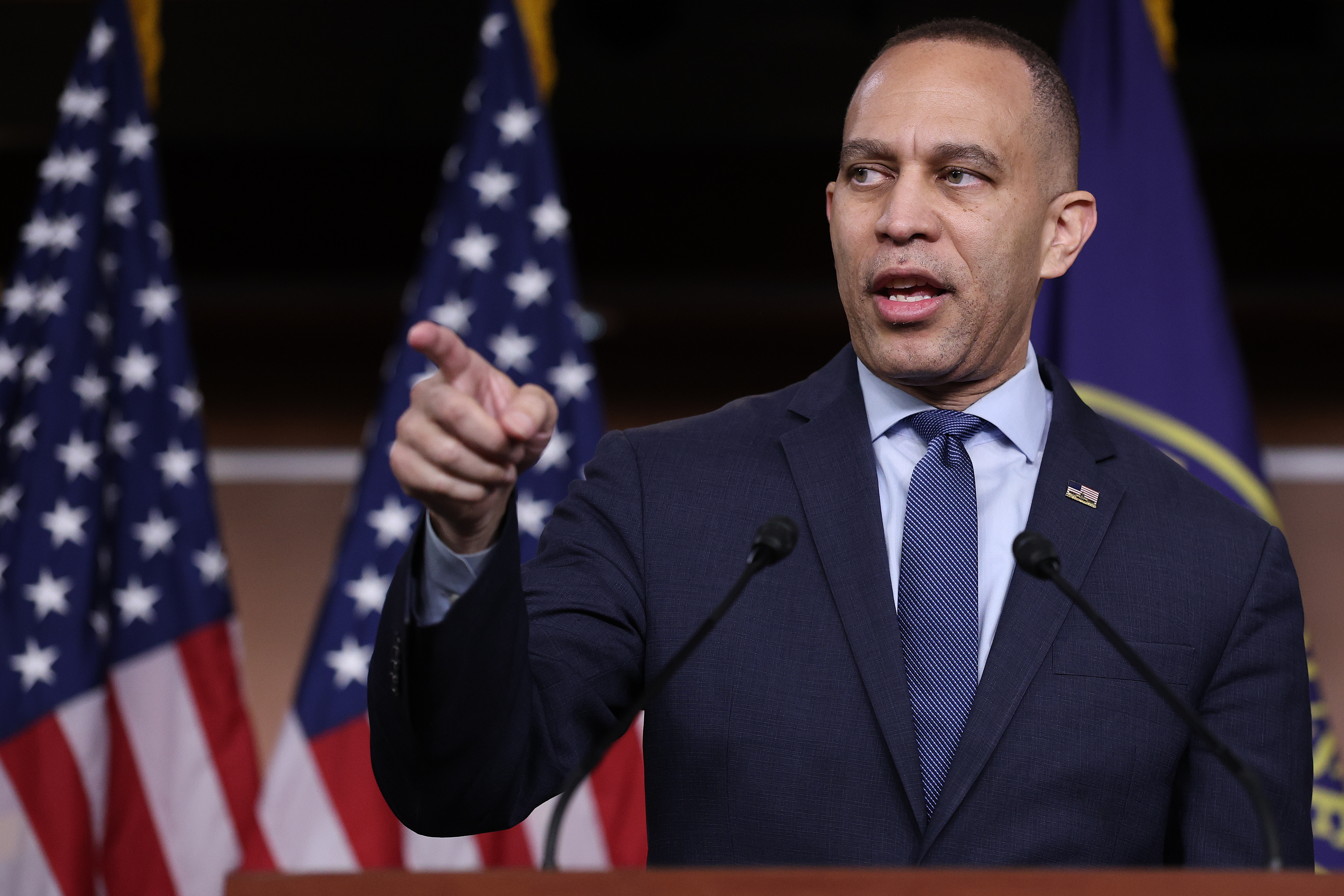 WASHINGTON, DC - FEBRUARY 12: House Democratic Leader Hakeem Jeffries answers questions during a press conference at the U.S. Capitol February 12, 2026 in Washington, DC. Jeffries answered questions on a range of topics including the potential for a partial governmental shutdown beginning tomorrow.  (Photo by Win McNamee/Getty Images)