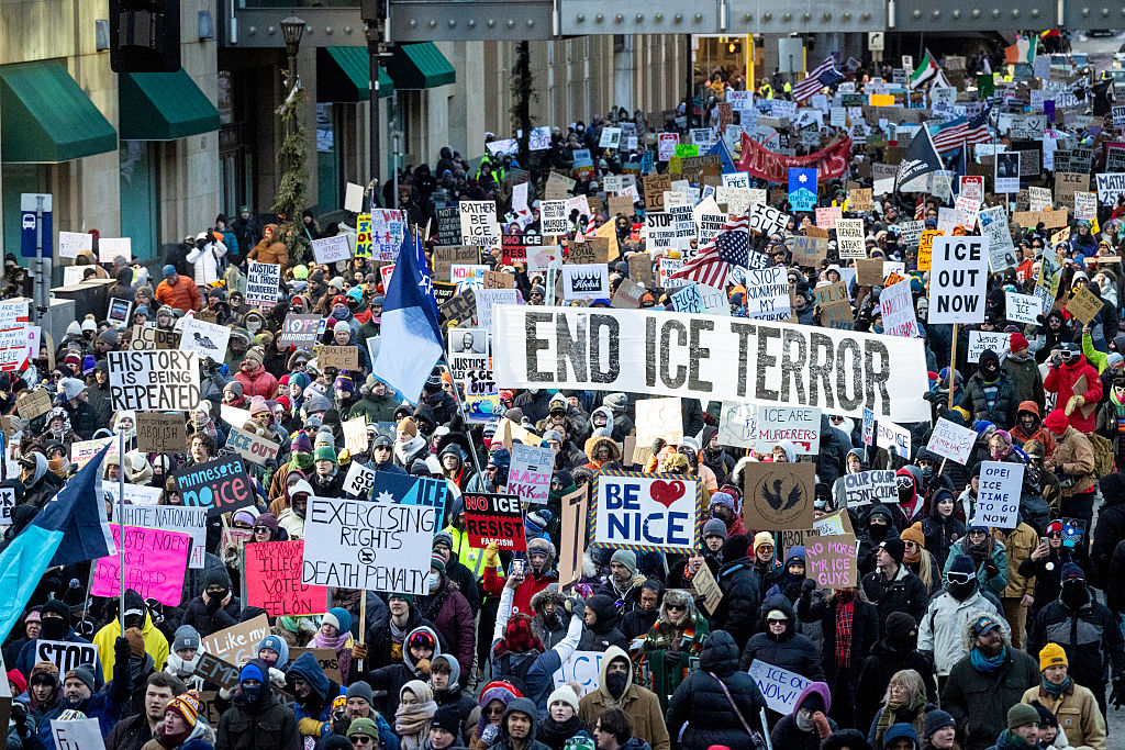MINNEAPOLIS- JANUARY 30: Demonstrators march calling for an end to ICE operations in Minnesota on January 30, 2026 in Minneapolis, Minnesota. Protesters marched through downtown to protest the deaths of Renee Good on January 7, and Alex Pretti on January 24 by federal immigration agents. (Photo by John Moore/Getty Images)