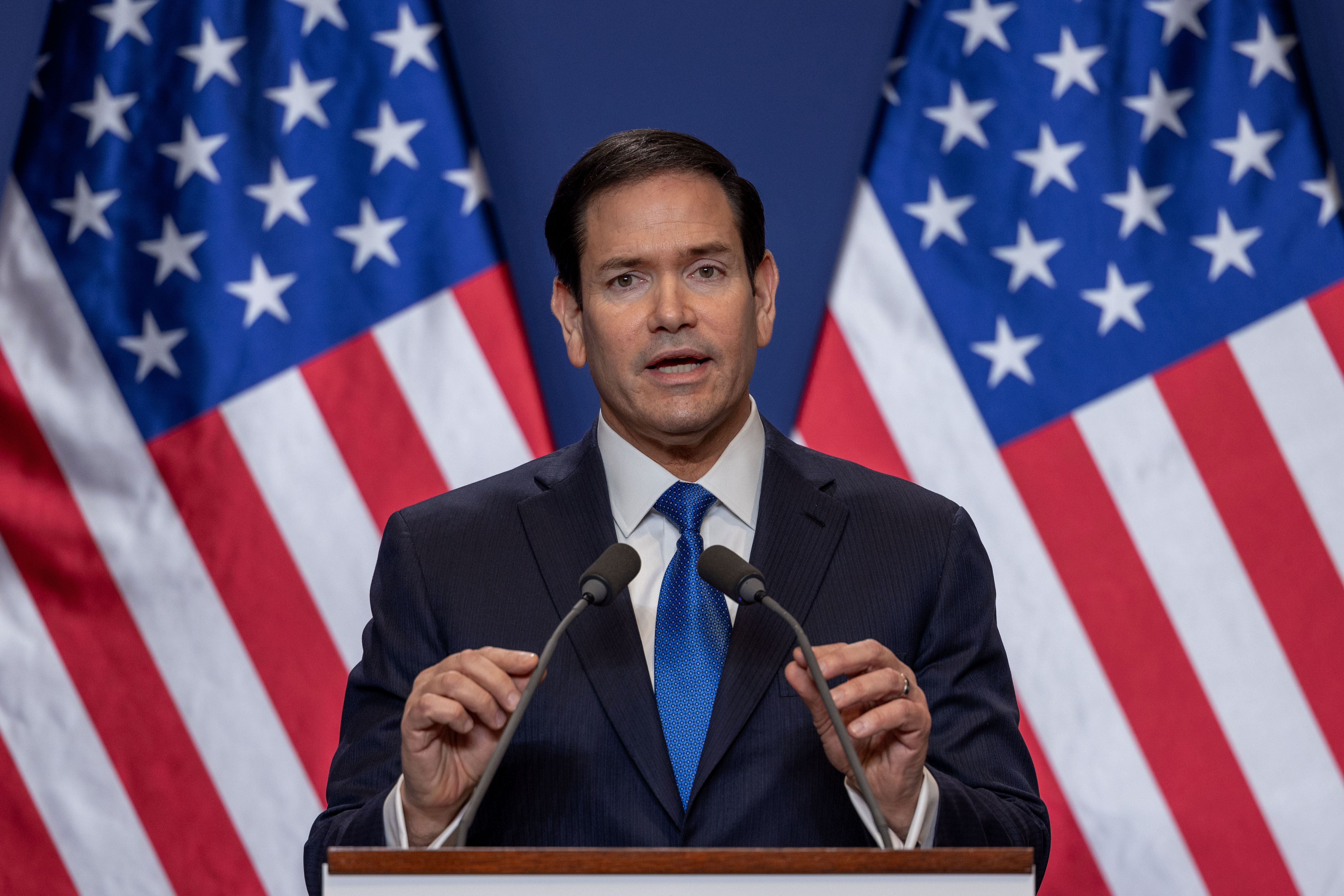BUDAPEST, HUNGARY - FEBRUARY 16: US Secretary of State Marco Rubio speaks alongside with Hungary's Prime Minister Viktor Orban (Not pictured) during a joint press conference during a visit on February 16, 2026,  in Budapes, Hungary. (Photo by Janos Kummer/Getty Images)