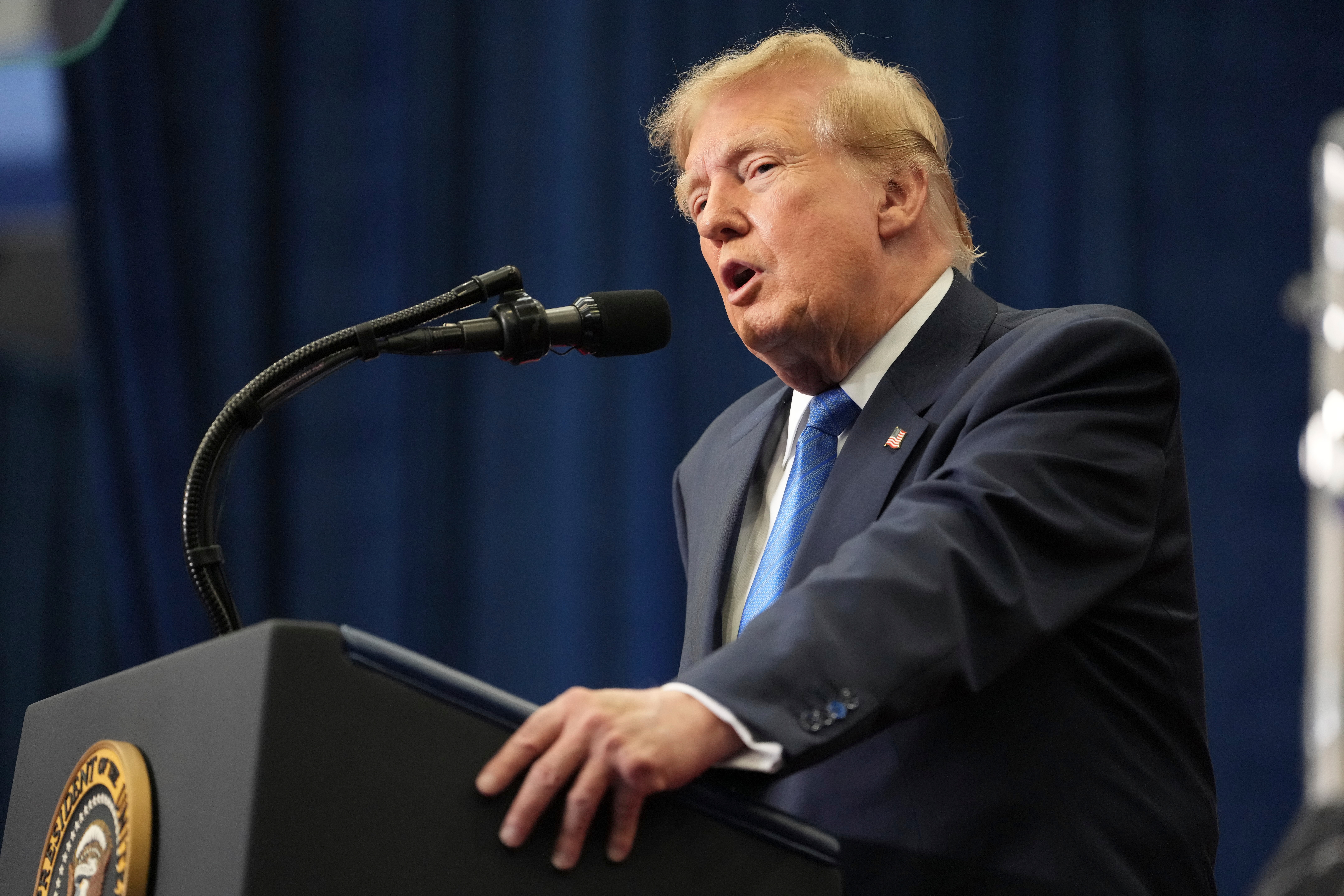 President Donald Trump speaks during an event to present the Congressional Space Medal of Honor to Artemis II crew members, Friday, Aug. 28, 2026, at Johnson Space Center in Houston. (AP Photo/Mark Schiefelbein)
