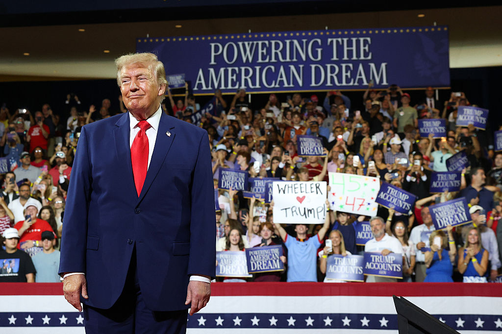 MARIETTA, GEORGIA - JULY 22: U.S. President Donald Trump arrives to speak at Wheeler High School on July 22, 2026 in Marietta, Georgia. President Trump traveled to the battleground state of Georgia to deliver remarks on education and promote his administration's recently launched Trump Accounts program. (Photo by Kevin Dietsch/Getty Images)
