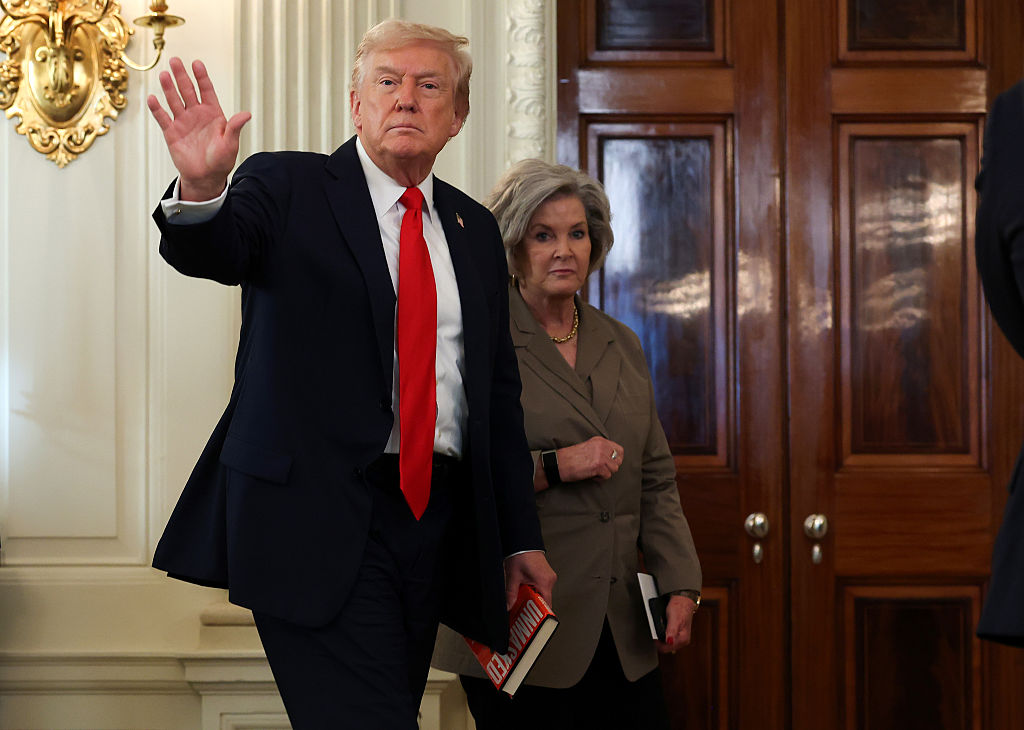 WASHINGTON, DC - OCTOBER 08: U.S. President Donald Trump departs with White House Chief of Staff Susie Wiles following a roundtable discussion in the State Dining Room of the White House on October 08, 2025 in Washington, DC. Trump’s administration held the roundtable to discuss the anti-fascist Antifa movement after signing an executive order designating it as a “domestic terrorist organization”. (Photo by Anna Moneymaker/Getty Images)