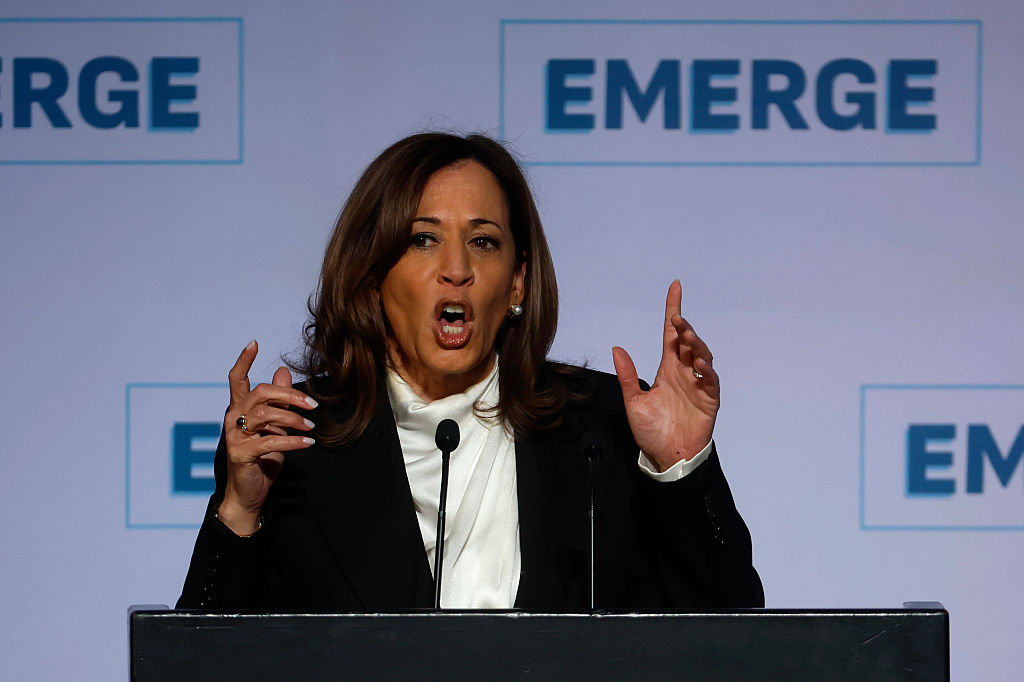 SAN FRANCISCO, CALIFORNIA - APRIL 30: Former U.S. Vice President Kamala Harris delivers a keynote address during the Emerge 20th Anniversary Gala at the Palace Hotel on April 30, 2025 in San Francisco, California. Kamala Harris delivered her first public speech since leaving office in January.  (Photo by Justin Sullivan/Getty Images)