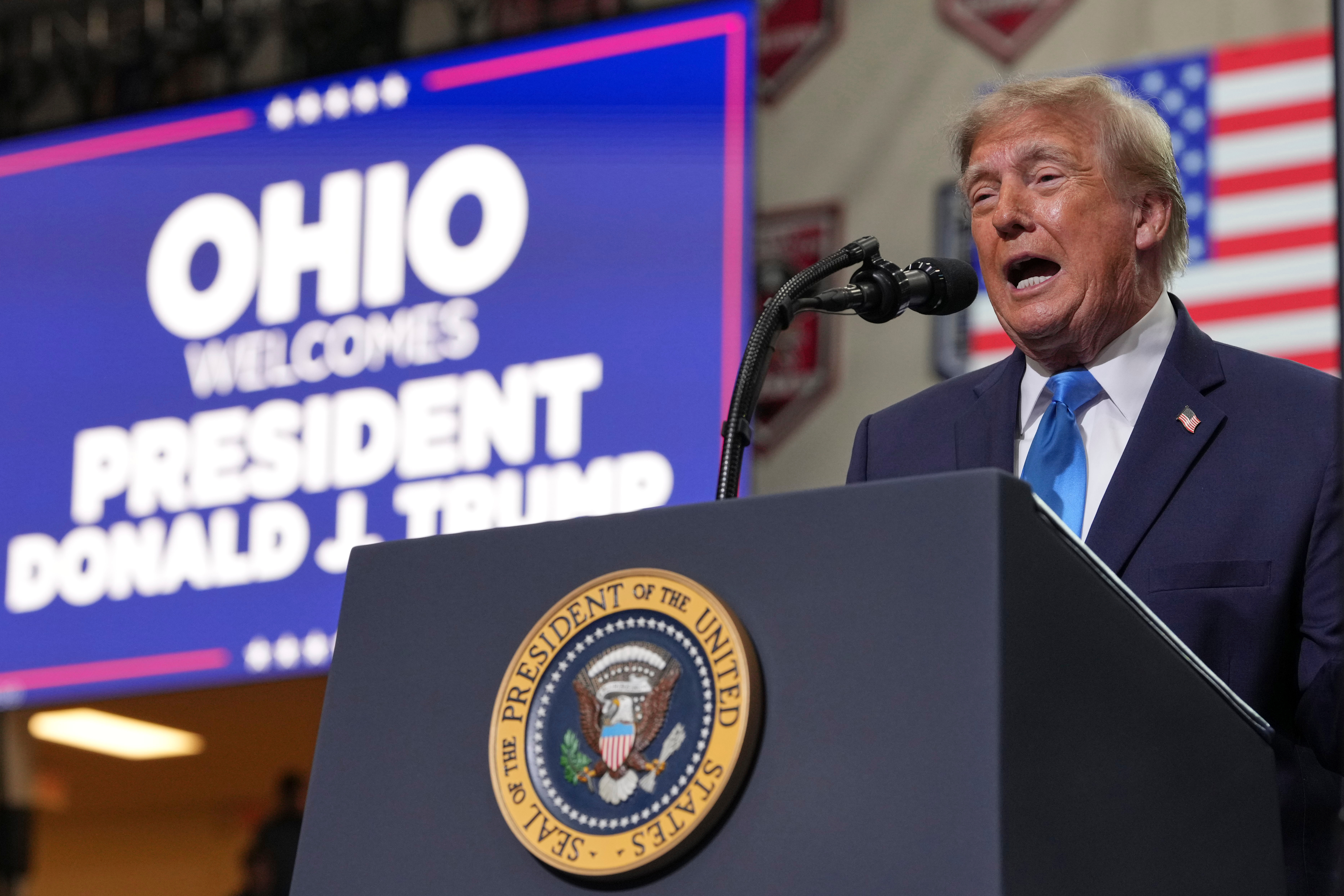 President Donald Trump speaks during an event at Butler High School in Vandalia, Ohio, Saturday, Oct. 3, 2026. (AP Photo/Mark Schiefelbein)