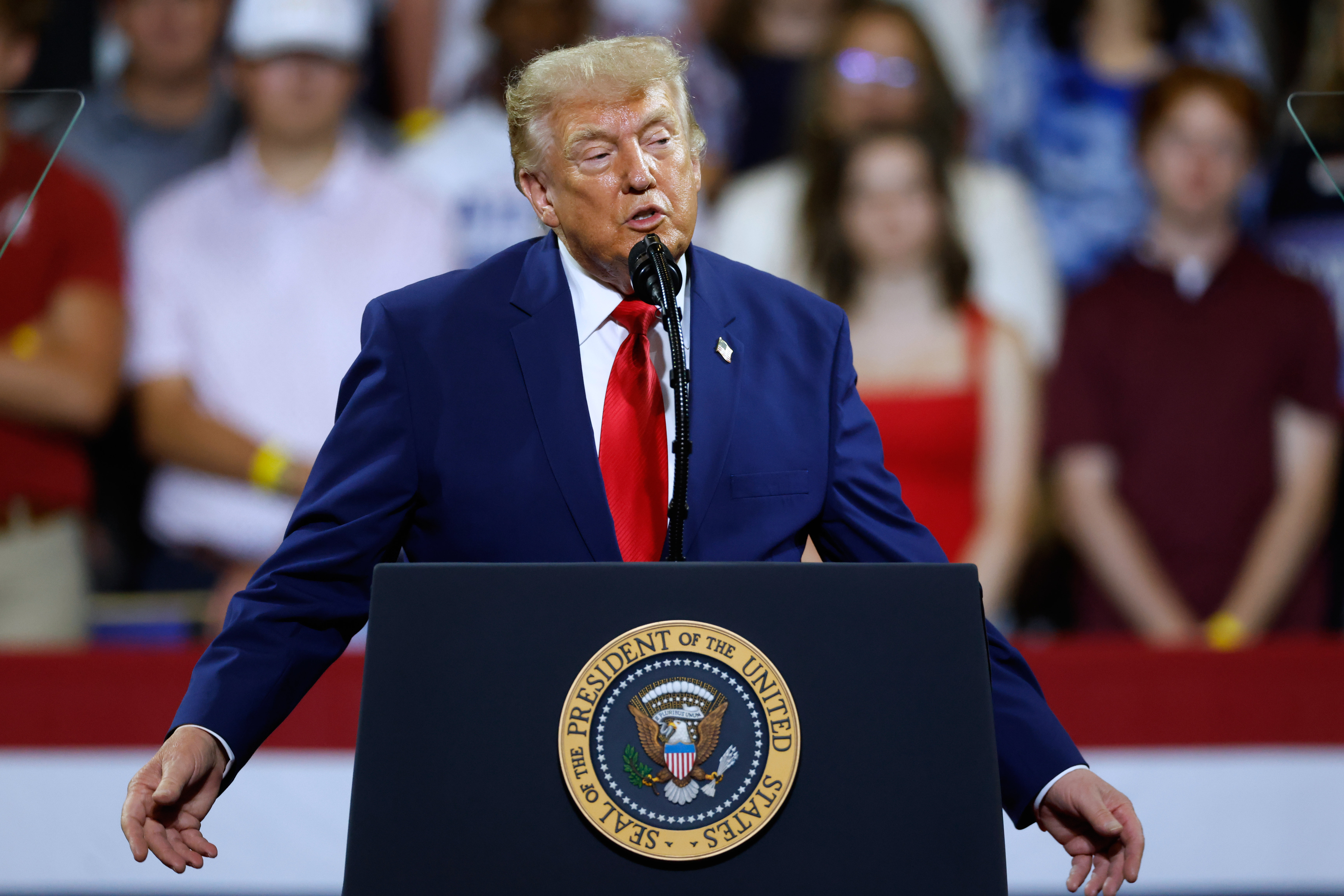President Donald Trump speaks to a rally at Wheeler High School in Marietta, Ga., Wednesday, July 22, 2026. (AP Photo/Erik S. Lesser)