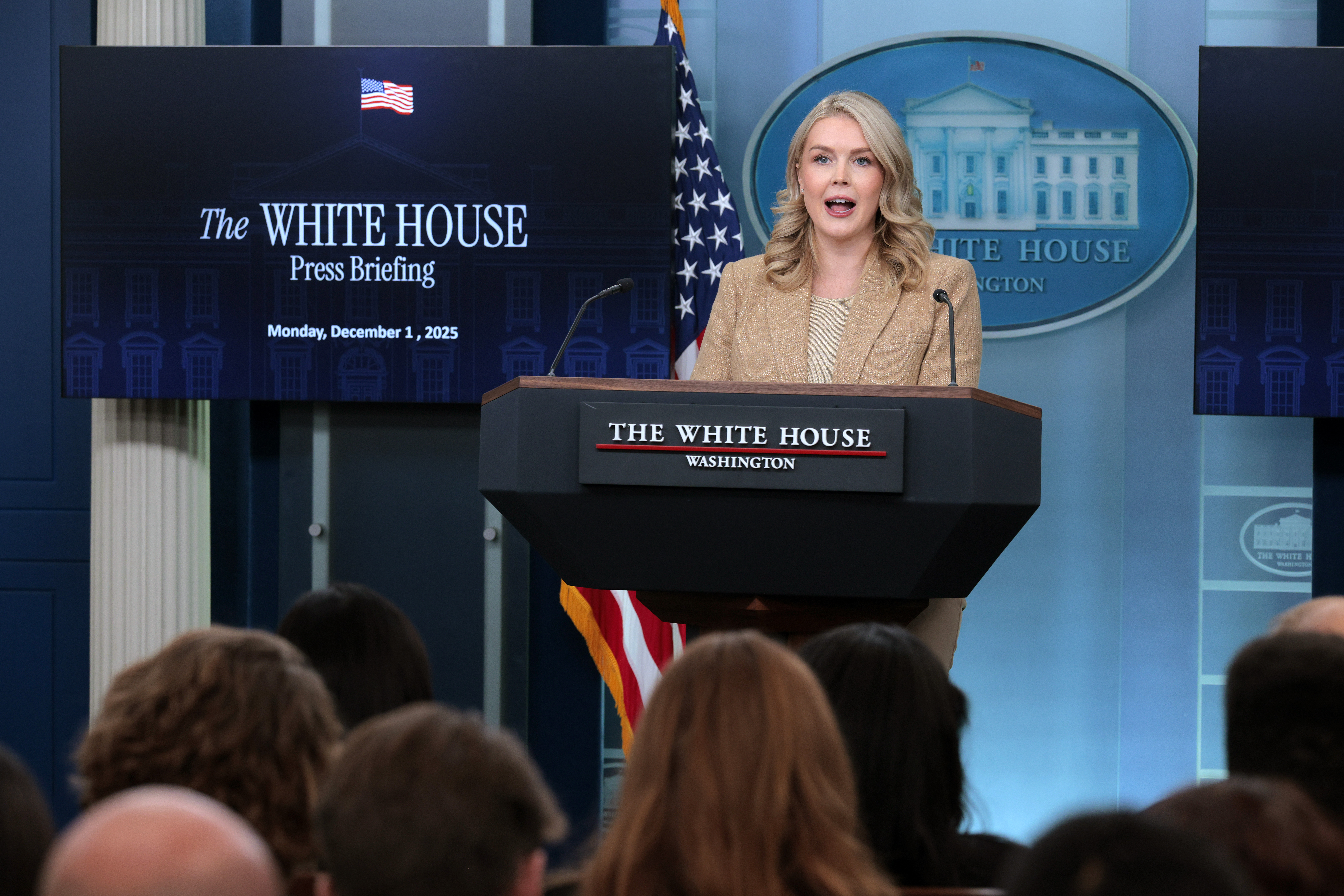 WASHINGTON, DC - DECEMBER 01: White House Press Secretary Karoline Leavitt addresses reporters during a news conference in the Brady Press Briefing Room at the White House on December 01, 2025 in Washington, DC. Leavitt spoke on the ongoing negotiations to end Russia’s war in Ukraine, the U.S. military buildup in the Caribbean and President Donald Trump’s declaration of a “no-fly zone” over Venezuela. (Photo by Chip Somodevilla/Getty Images)