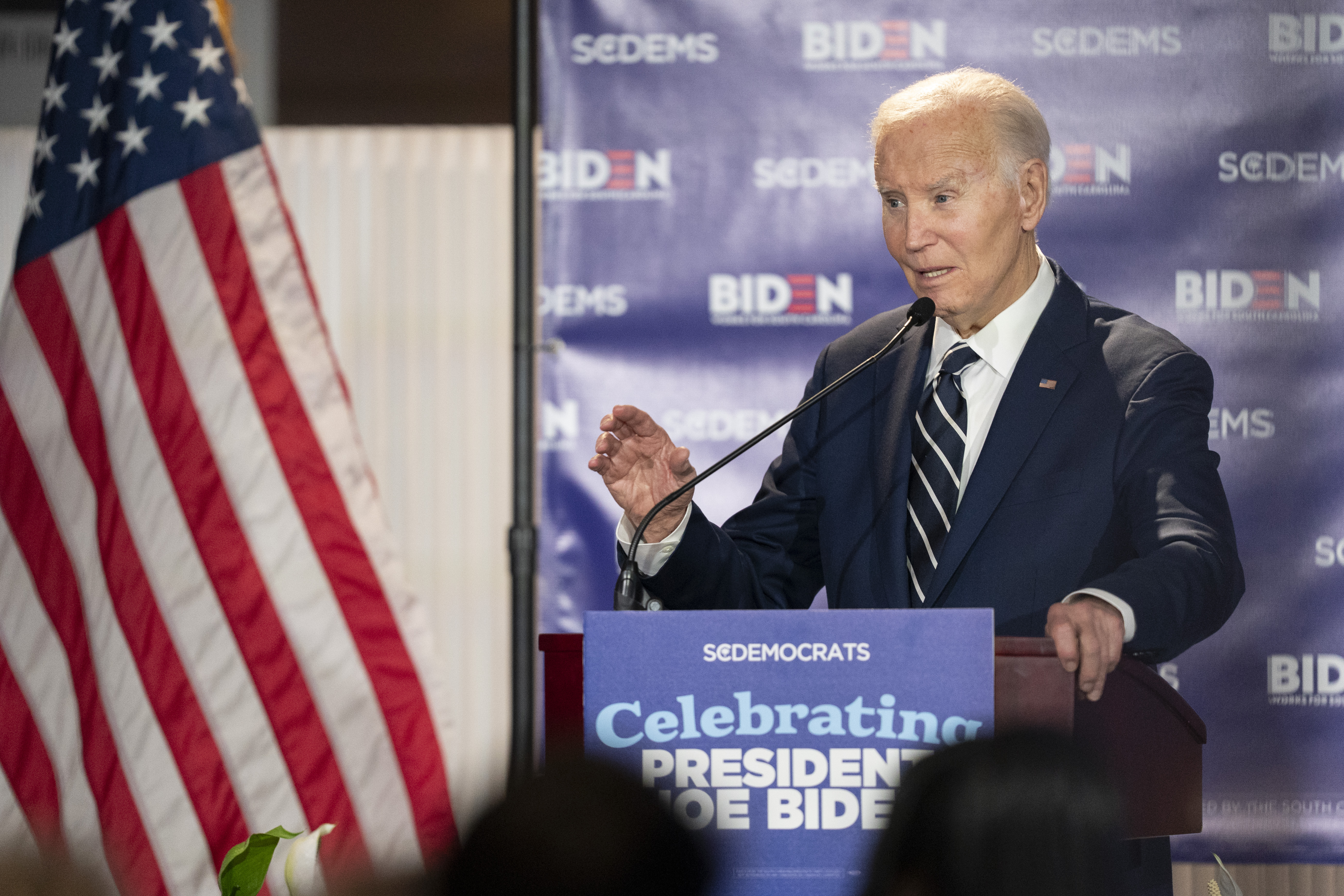 COLUMBIA, SOUTH CAROLINA - FEBRUARY 27: Former President Joe Biden speaks to a crowd during a fundraising event with the South Carolina Democratic Party at the Columbia Museum of Art on February 27, 2026 in Columbia, South Carolina. The event marked the sixth anniversary of Biden's presidential primary win in the early voting state of South Carolina. (Photo by Sean Rayford/Getty Images)