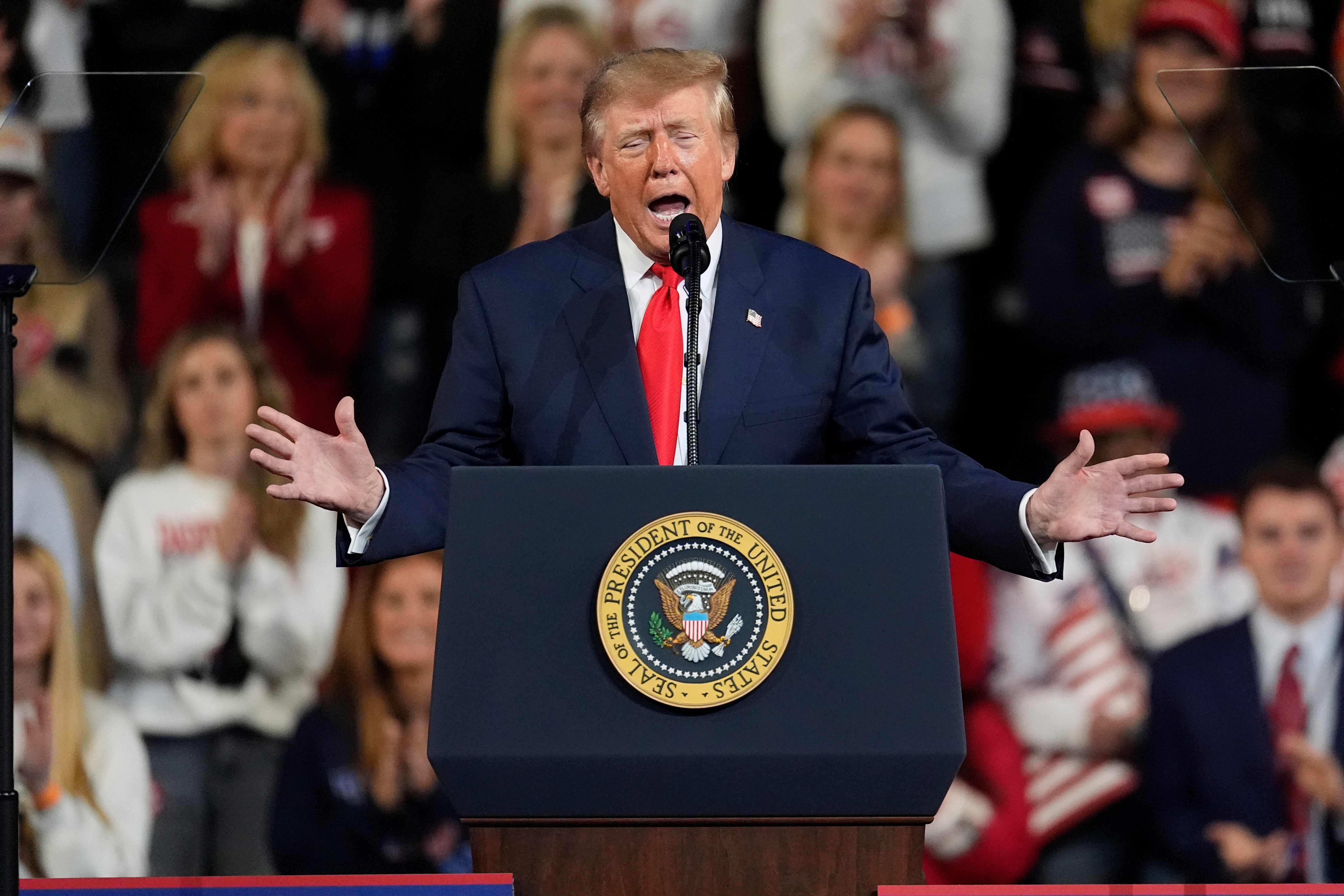 President Donald Trump speaks at a campaign rally at F&M Bank Arena, Saturday, Oct. 10, 2026, in Clarksville, Tenn. (AP Photo/George Walker IV)
