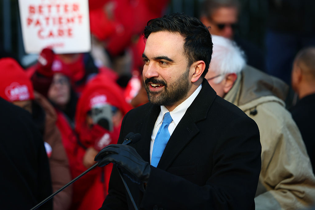 NEW YORK, NEW YORK - JANUARY 20: Mayor Zohran Mamdani speaks to nurses from Mount Sinai West striking outside the hospital on January 20, 2026 in New York City. Sen. Bernie Sanders (I-VT) and Mayor Zohran Mamdani joined striking nurses with the New York State Nurses Association on the picket line on the eighth day of their walkout. Nearly 15,000 nurses from NYC's biggest hospital have gone on strike demanding higher wages, more security at hospitals to reduce violent episodes and shootings, and a commitment to ensuring minimum staffing ratios. (Photo by Michael M. Santiago/Getty Images)