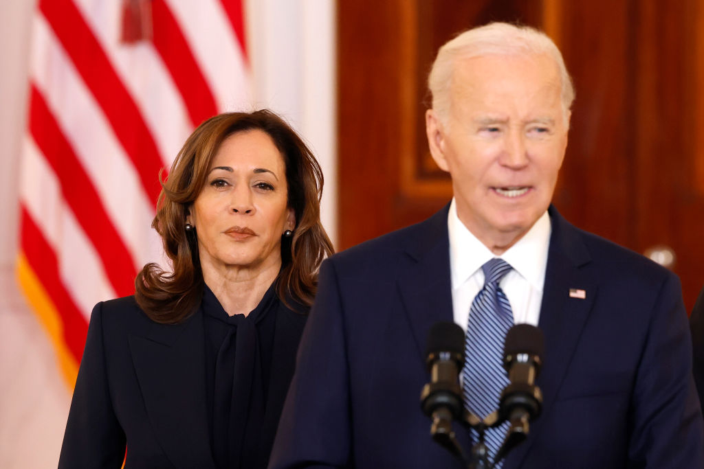 WASHINGTON, DC - JANUARY 15: U.S. Vice President Kamala Harris looks on as U.S. President Joe Biden delivers remarks on the recently announced cease-fire deal between Israel and Hamas in the Cross Hall of the White House on January 15, 2025 in Washington, DC. The multiphase cease-fire deal, brokered by the United States, Qatar and Egypt, commits Israel and Hamas to end the war in Gaza after 15 months.  (Photo by Anna Moneymaker/Getty Images)