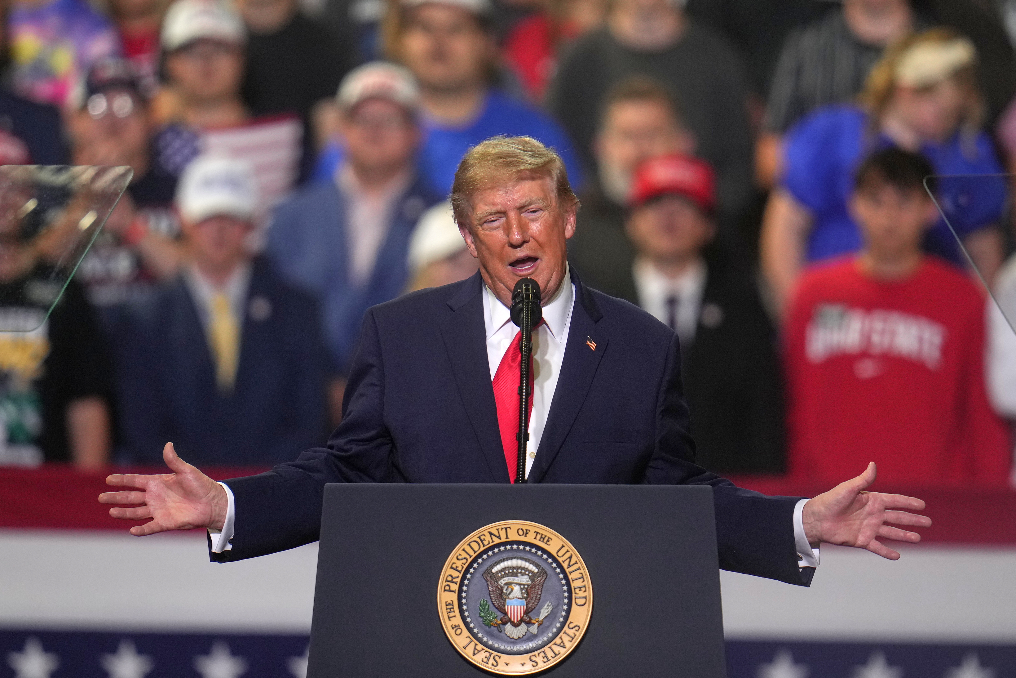 President Donald Trump speaks at a campaign rally at the Covelli Centre, in Youngstown, Ohio, Monday, Oct. 12, 2026. (AP Photo/Gene J. Puskar)