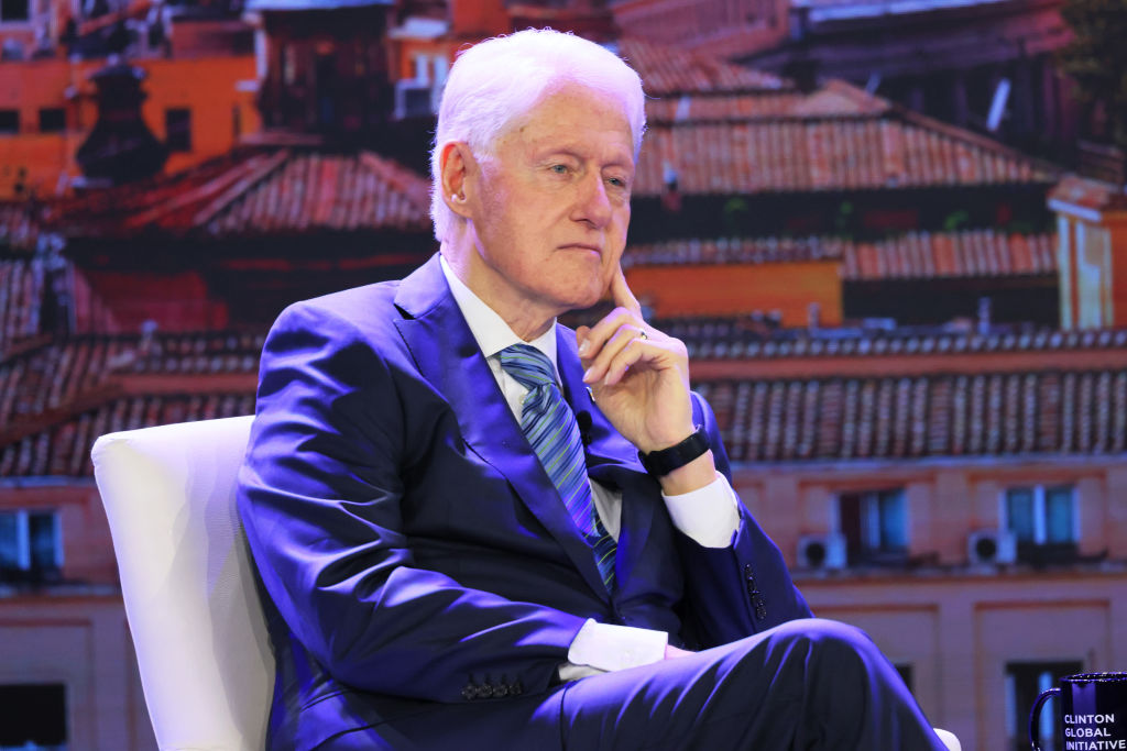NEW YORK, NEW YORK - SEPTEMBER 18: Former President Bill Clinton listens as Pope Francis speaks during the Clinton Global Initiative (CGI) meeting at the Hilton Midtown on September 18, 2023 in New York City. The 2023 CGI meeting will focus on ways to help address climate change, health care issues, gender-based violence, the war in Ukraine and other issues. The two day event welcomes leaders in politics, business and philanthropy to work on potential solutions to global issues. (Photo by Michael M. Santiago/Getty Images)