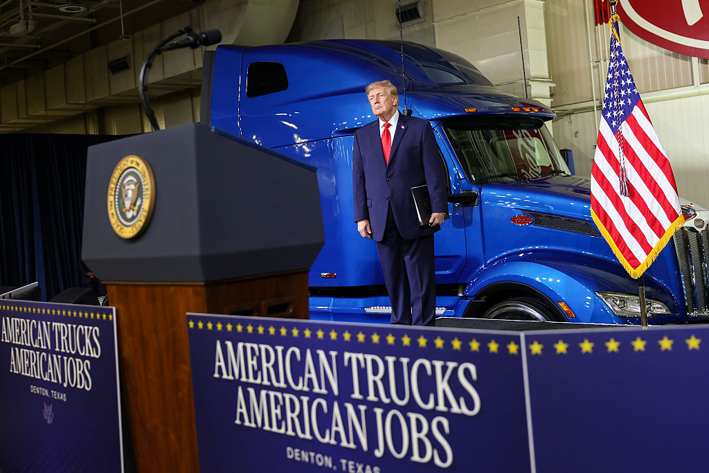 DENTON, TEXAS - OCTOBER 01: U.S. President Donald Trump looks on before speaking during a visit to the Peterbilt Motors truck plant on October 01, 2026 in Denton, Texas. President Trump is kicking off a 32-day campaign blitz ahead of the midterm elections. Trump toured the factory and delivered remarks to workers during the visit to promote his administration’s economic and manufacturing agenda. (Photo by Kevin Dietsch/Getty Images)
