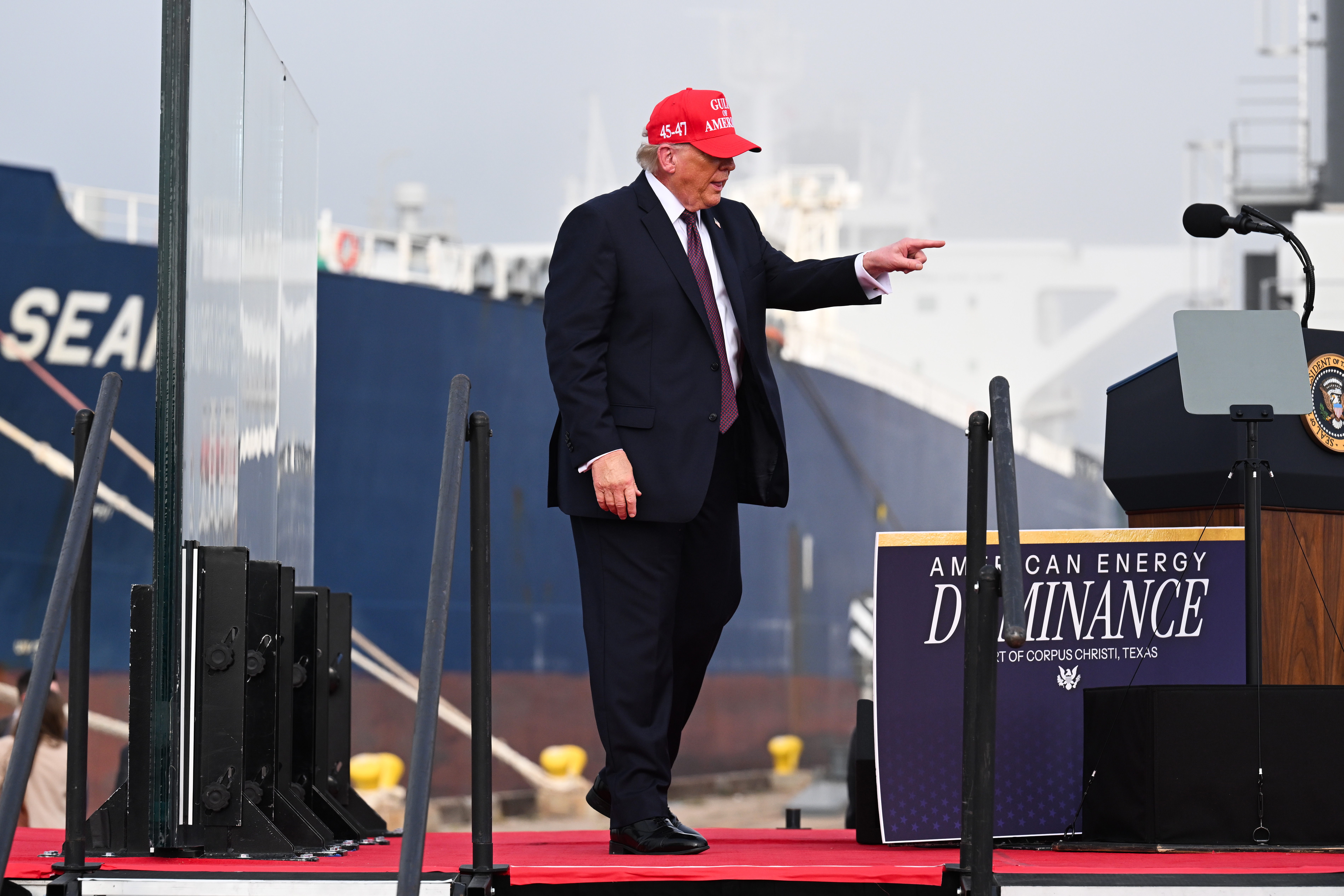 CORPUS CHRISTI,TX-FEBRUARY 27:The President of the U.S.Donald Trump speaks at the Port of Corpus Christi, Texas on February 27,2026.(Photo by Roberto Schmidt/Getty Images)