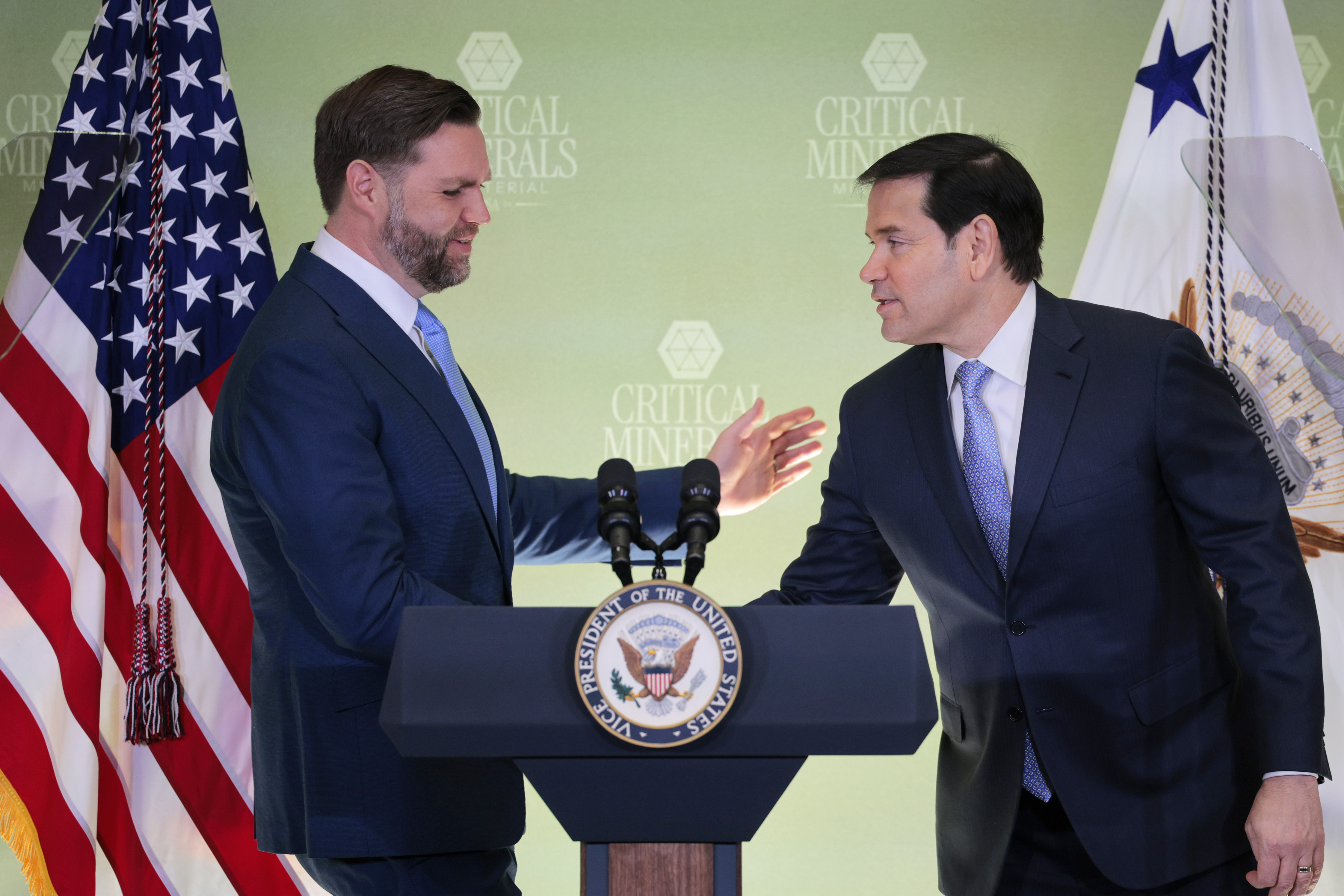 WASHINGTON, DC - FEBRUARY 04:  US Vice President JD Vance and US Secretary of State Marco Rubio attend the first Critical Minerals Ministerial in the Loy Henderson Conference Room at the State Department's Harry S. Truman Building on February 04, 2026 in Washington, DC. About 50 countries attended the ministerial, a gathering to discuss the creation of tech supply chain partnerships that can bypass China. The United States has been looking for alternative sources for rare earth minerals since Beijing cut the U.S. off from its supply last year. (Photo by Chip Somodevilla/Getty Images)