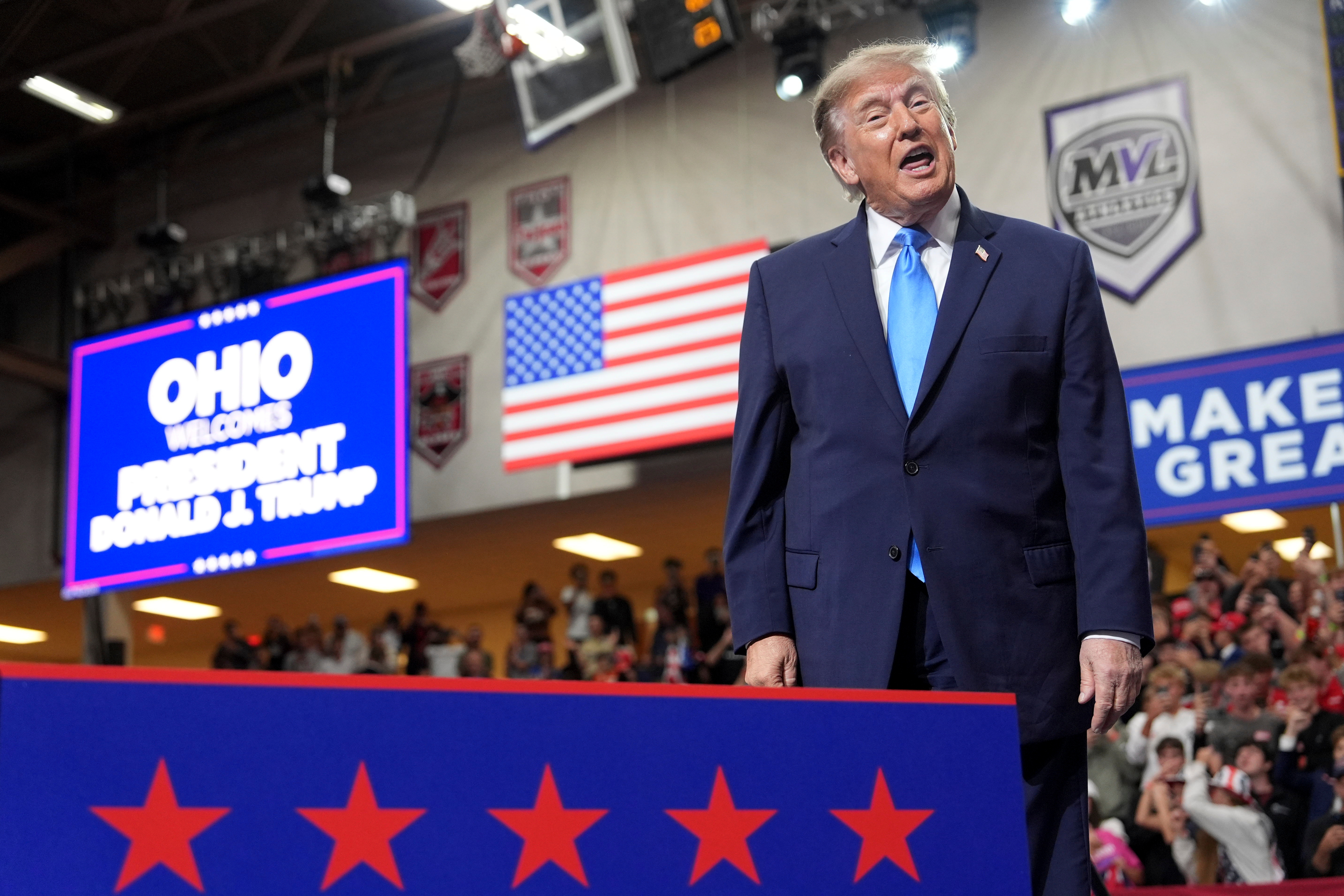 President Donald Trump arrives to speak during an event at Butler High School in Vandalia, Ohio, Saturday, Oct. 3, 2026. (AP Photo/Mark Schiefelbein)