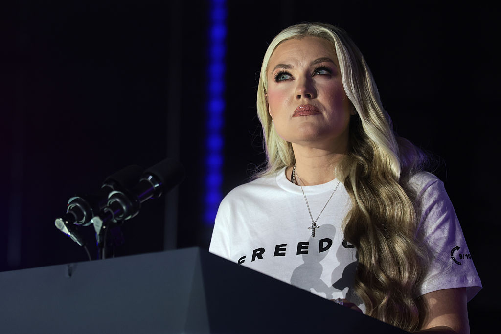 OXFORD, MS - OCTOBER 29:  Erika Kirk, widow of Turning Point USA founder Charlie Kirk, speaks during a Turning Point USA event where U.S. Vice President JD Vance is expected, at the Pavilion at Ole Miss at the University of Mississippi, on October 29, 2025 in Oxford, Mississippi. The visit marks the first stop on the “This Is the Turning Point” campus tour, led by Kirk’s widow, Erika Kirk.  (Photo by Jonathan Ernst-Pool/Getty Images)