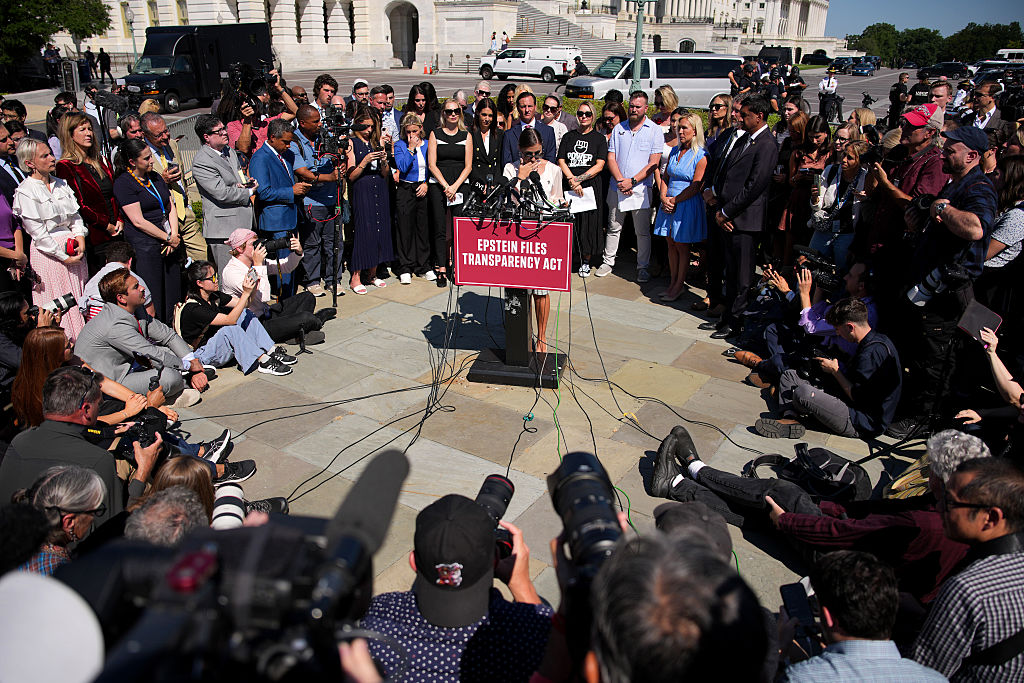 WASHINGTON, DC - SEPTEMBER 03: Survivor Marina Lacerda  speaks during a news conference with alleged victims of disgraced financier and sex trafficker Jeffrey Epstein outside the U.S. Capitol on September 03, 2025 in Washington, DC. Massie and Khanna have introduced the Epstein List Transparency Act to force the federal government to release all unclassified records from the cases of Epstein and his associate, Ghislaine Maxwell. (Photo by Andrew Harnik/Getty Images)