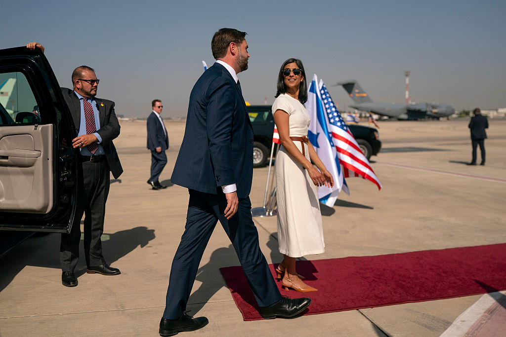 U.S. Vice President JD Vance and Second Lady Usha Vance board Air Force Two en route to Washington, D.C., at Ben Gurion Airport in Tel Aviv on Thursday, October 23, 2025. Nathan Howard for The New York Times
