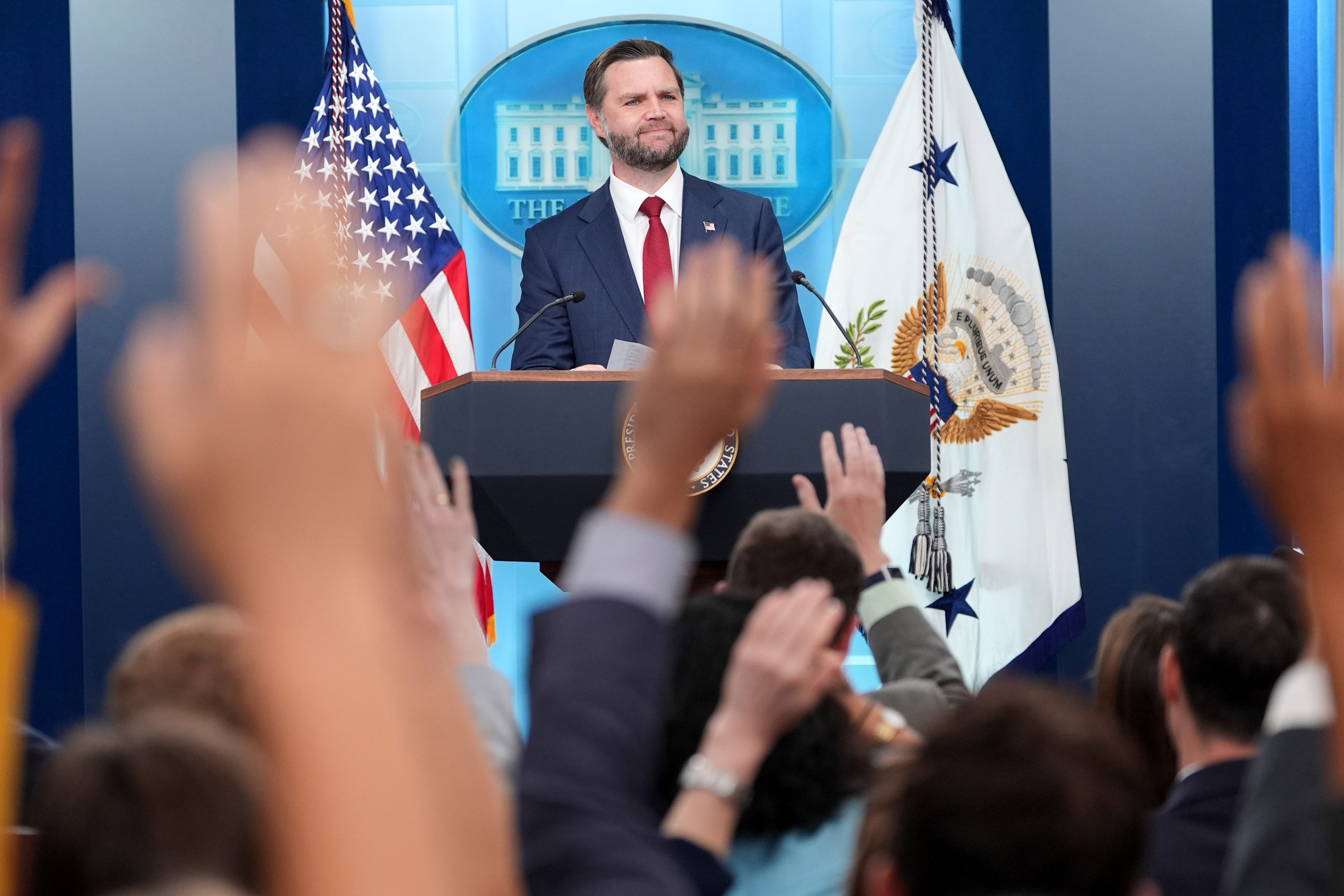 Vice President JD Vance speaks during a press briefing at the White House in Washington, Thursday, Sept. 3, 2026. (AP Photo/Mark Schiefelbein)