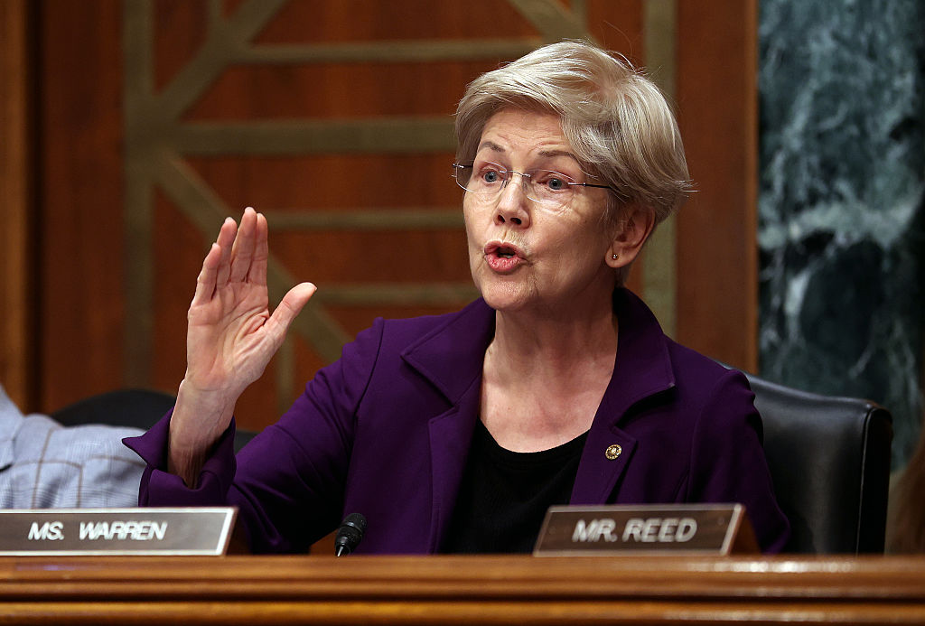 WASHINGTON, DC - FEBRUARY 05: Senate Committee on Banking, Housing, and Urban Affairs Ranking Member Sen. Elizabeth Warren (D-MA) questions U.S. Treasury Secretary Scott Bessent during a hearing in the Dirksen Senate Office Building on February 05, 2026 in Washington, DC. The Committee met to hear testimony on the Financial Stability Oversight Council’s Annual Report to Congress. (Photo by Kevin Dietsch/Getty Images)