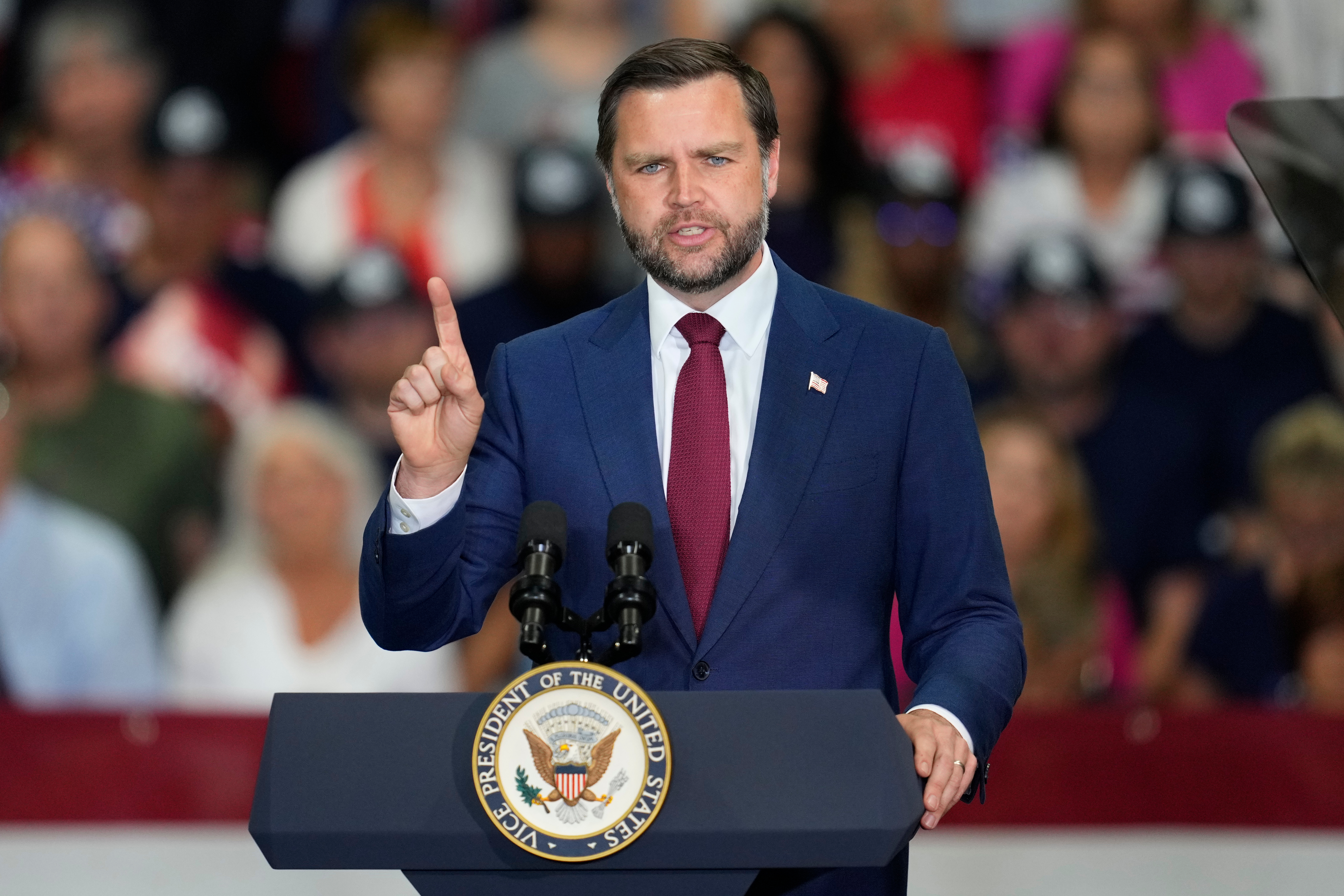 Vice President JD Vance speaks at Universal Contracting and Urban Tree Trimming, Monday, Aug. 31, 2026, in Sterling Heights, Mich. (AP Photo/Paul Sancya)