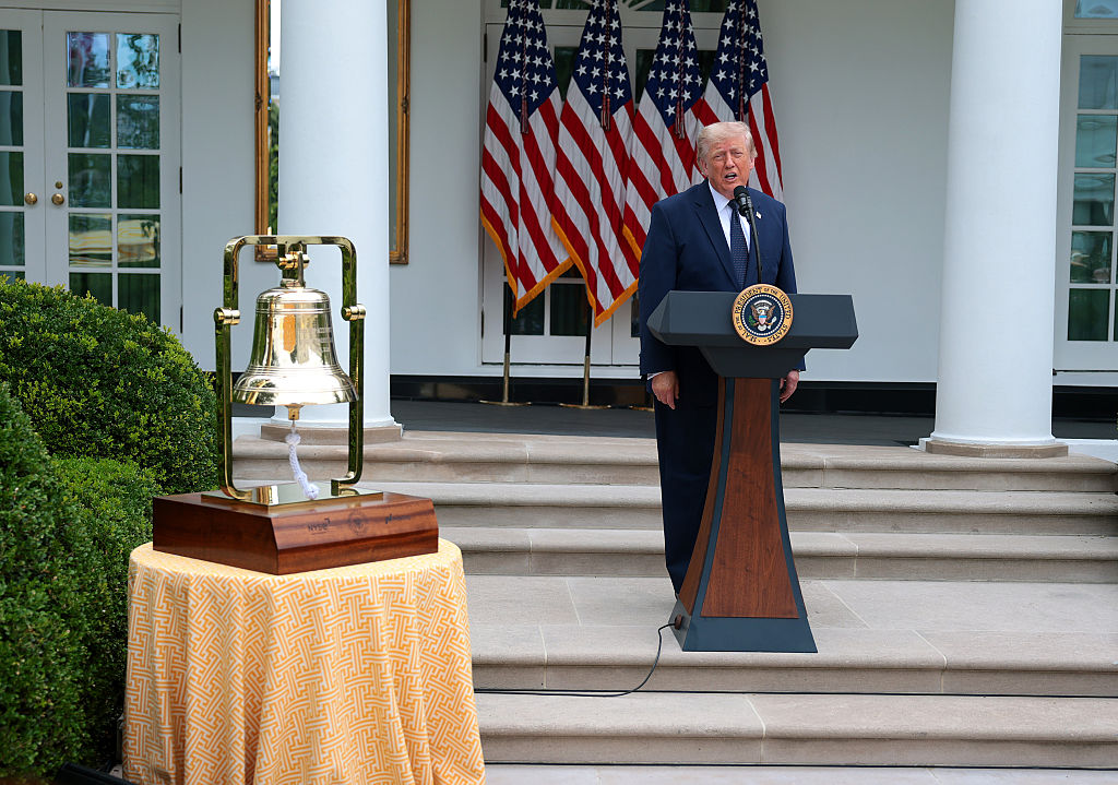 WASHINGTON, DC - JULY 06: U.S. President Donald Trump speaks at the White House on July 06, 2026 in Washington, DC. President Trump hosted a luncheon in the Rose Garden Club. Earlier in the day Trump rang a bell in the Oval Office to mark the first day of trading for