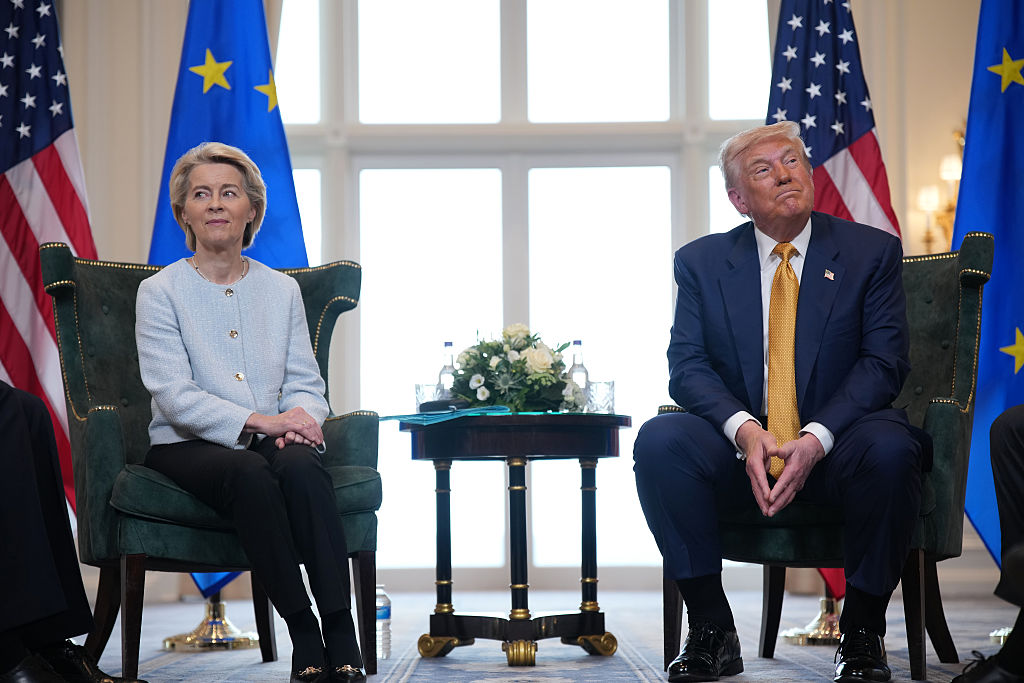 TURNBERRY, SCOTLAND - JULY 27: President of the European Commission Ursula von der Leyen meets with U.S. President Donald Trump at Trump Turnberry golf club on July 27, 2025 in Turnberry, Scotland. U.S. President Donald Trump is visiting his Trump Turnberry golf course, as well as Trump International Golf Links in Aberdeenshire, during a brief visit to Scotland from July 25 to 29. (Photo by Andrew Harnik/Getty Images)