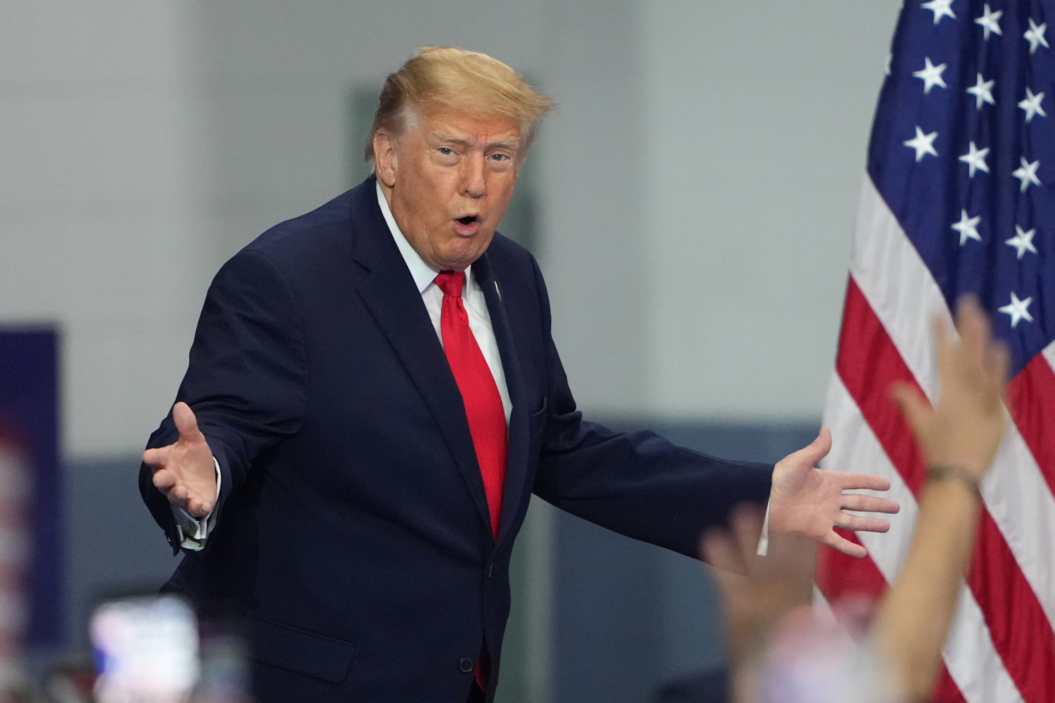 President Donald Trump arrives at a campaign rally at the Curtis D. Menard Memorial Sports Center, Tuesday, Oct. 13, 2026, in Wasilla, Alaska. (AP Photo/Lindsey Wasson)