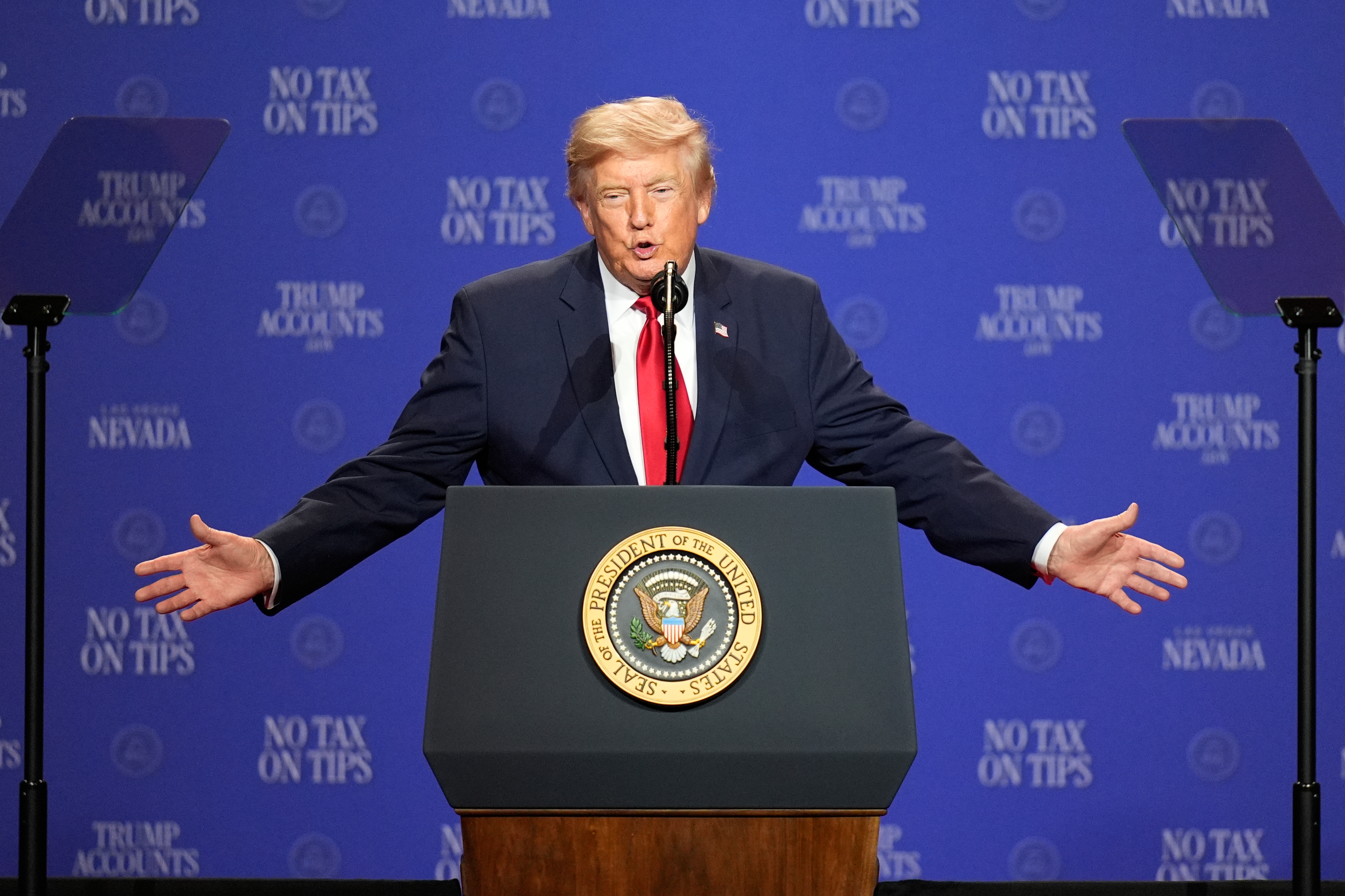 President Donald Trump speaks at an event at the Red Rock Casino Resort and Spa in Las Vegas, Wednesday, Aug. 5, 2026. (AP Photo/John Locher)