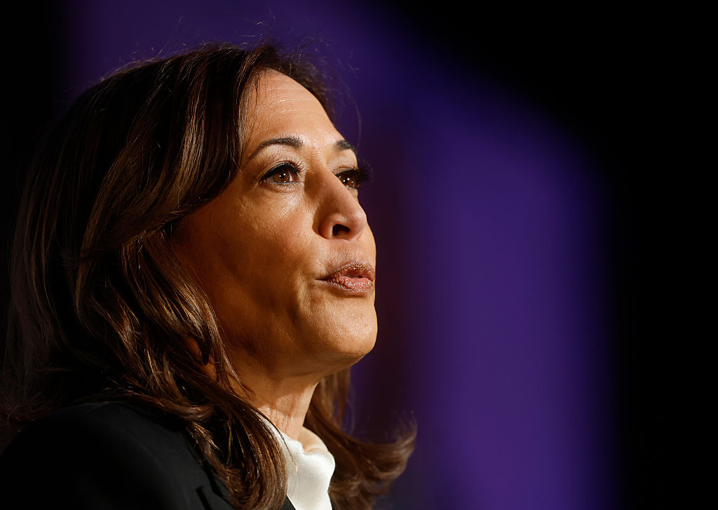 SAN FRANCISCO, CALIFORNIA - APRIL 30: Former U.S. Vice President Kamala Harris delivers a keynote address during the Emerge 20th Anniversary Gala at the Palace Hotel on April 30, 2025 in San Francisco, California. Kamala Harris delivered her first public speech since leaving office in January.  (Photo by Justin Sullivan/Getty Images)