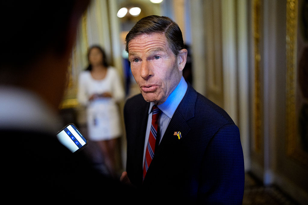 WASHINGTON, DC - OCTOBER 1: Sen. Richard Blumenthal (D-CT) speaks to reporters outside the Senate Chamber of the U.S. Capitol Building on October 1, 2025 in Washington, DC. The government shut down early Wednesday after Congress failed to reach a funding deal. (Photo by Andrew Harnik/Getty Images)