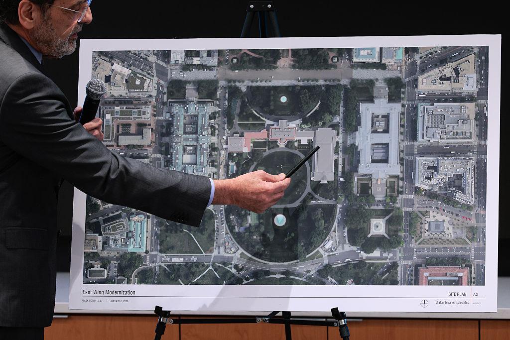 WASHINGTON, DC - JANUARY 08: Architect Shalom Baranes shows a site plan for a new $400 million White House ballroom during a meeting of the National Capital Planning Commission on January 08, 2026 in Washington, DC. The commission met to discuss U.S. President Donald Trump's planned construction of a new ballroom at the White House which began months ago and will replace the recently demolished two-story East Wing. (Photo by Chip Somodevilla/Getty Images)