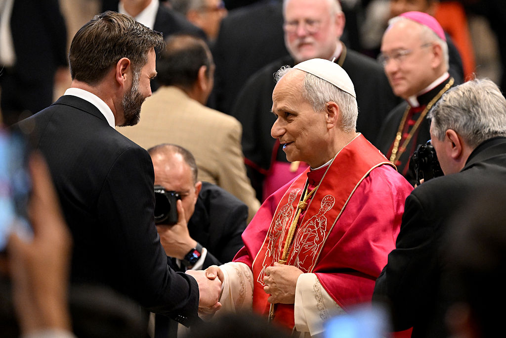 VATICAN CITY, VATICAN - MAY 18: Pope Leo XIV meets with United States Vice President JD Vance at the end of the Inauguration Mass In St. Peter's Square  on May 18, 2025 in Vatican City, Vatican. Pope Leo XIV (formerly Robert Francis Prevost) presided over his inauguration mass in St Peter's Square after his election on May 8th. (Photo by Maria Laura Antonelli via  Vatican Pool/Getty Images)