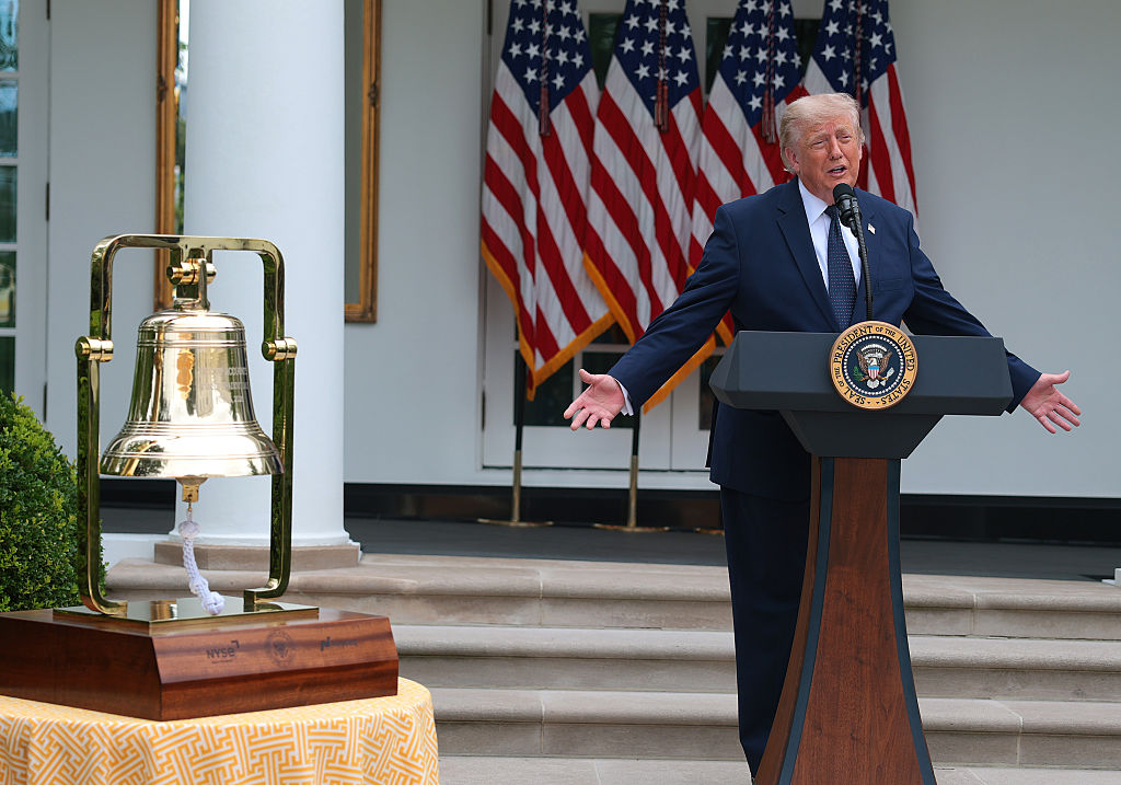 WASHINGTON, DC - JULY 06: U.S. President Donald Trump speaks at the White House on July 06, 2026 in Washington, DC. President Trump hosted a luncheon in the Rose Garden Club. Earlier in the day Trump rang a bell in the Oval Office to mark the first day of trading for