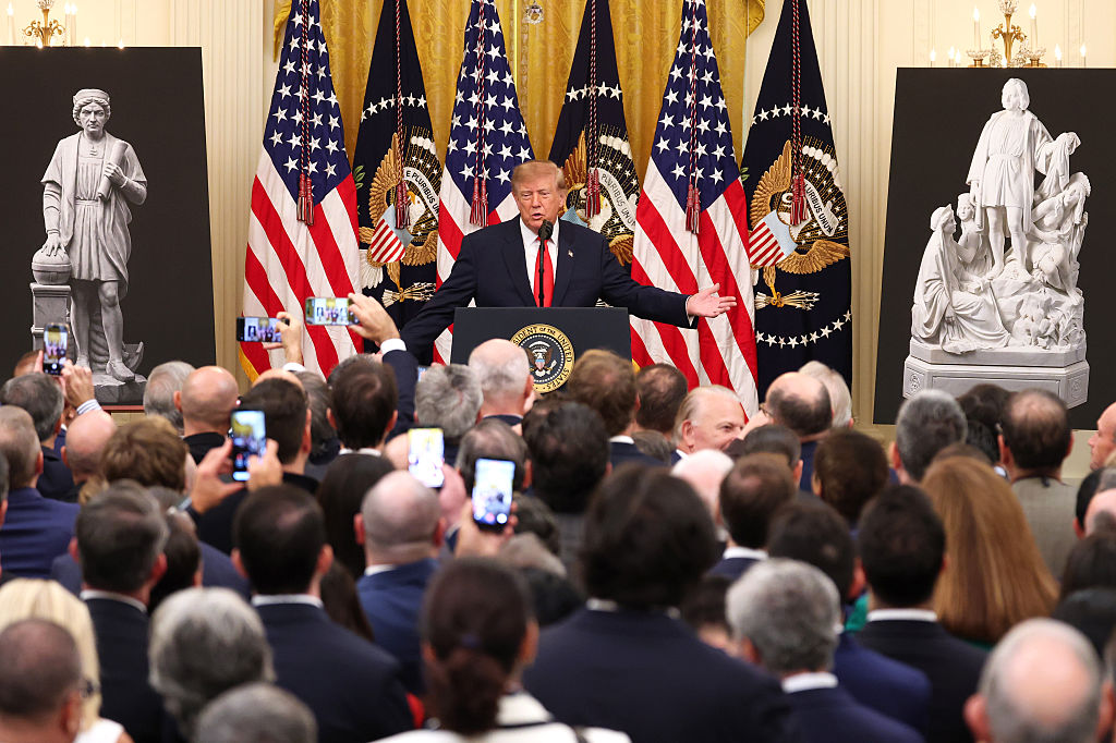 WASHINGTON, DC - OCTOBER 09: U.S. President Donald Trump delivers remarks during a Columbus Day event in the East Room of the White House on October 09, 2026 in Washington, DC. The U.S. celebrates Columbus Day on Monday, October 12. (Photo by Kevin Dietsch/Getty Images)
