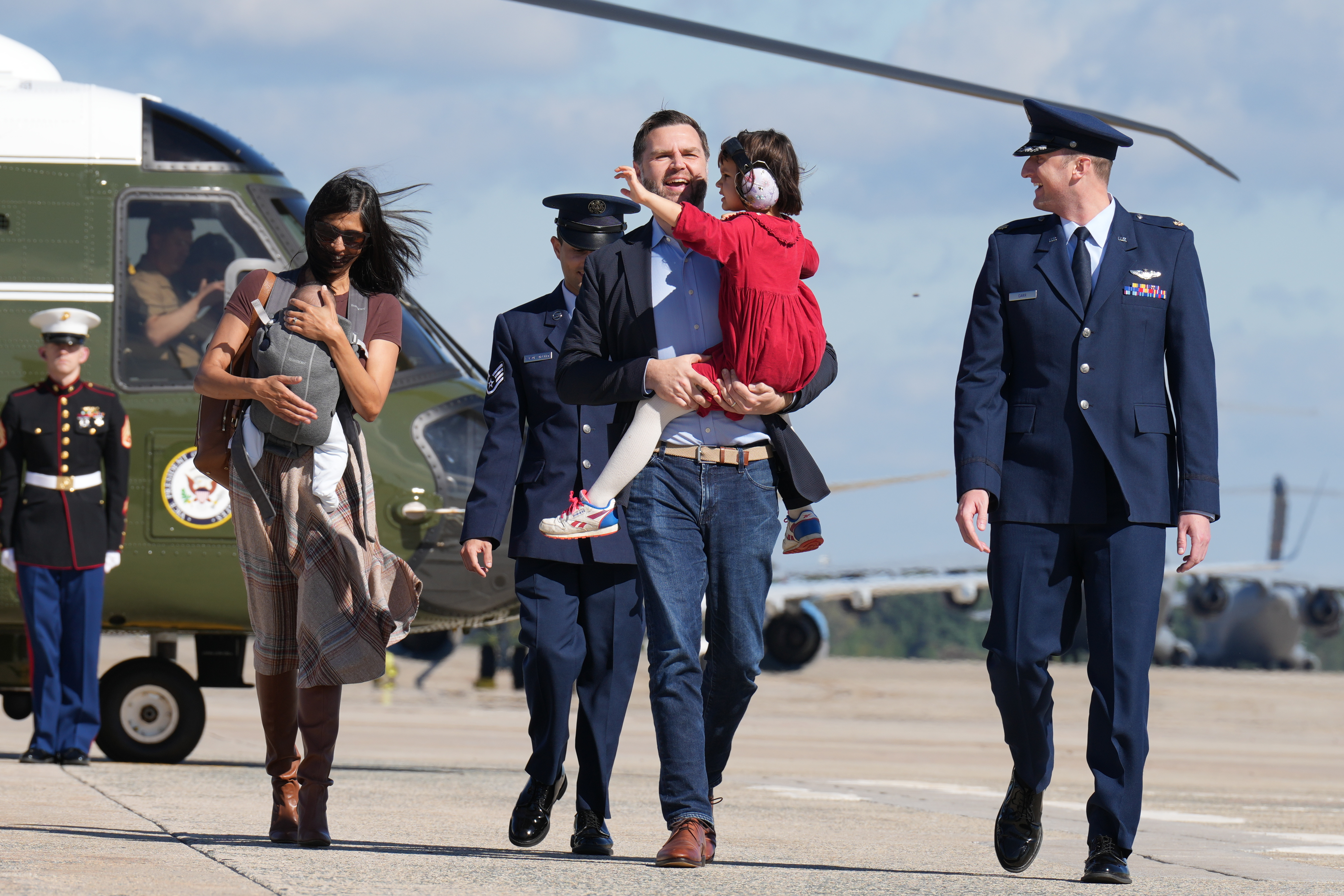 JOINT BASE ANDREWS, MARYLAND - OCTOBER 05: U.S. Vice President JD Vance walks with second lady Usha Vance and children Mirabel Vance and Alec Vance before boarding Air Force Two on October 5, 2026 at Joint Base Andrews, Maryland. Vance is traveling to Alaska to campaign in the run-up to the midterm elections on November 3. (Photo by Jacquelyn Martin - Pool/Getty Images)