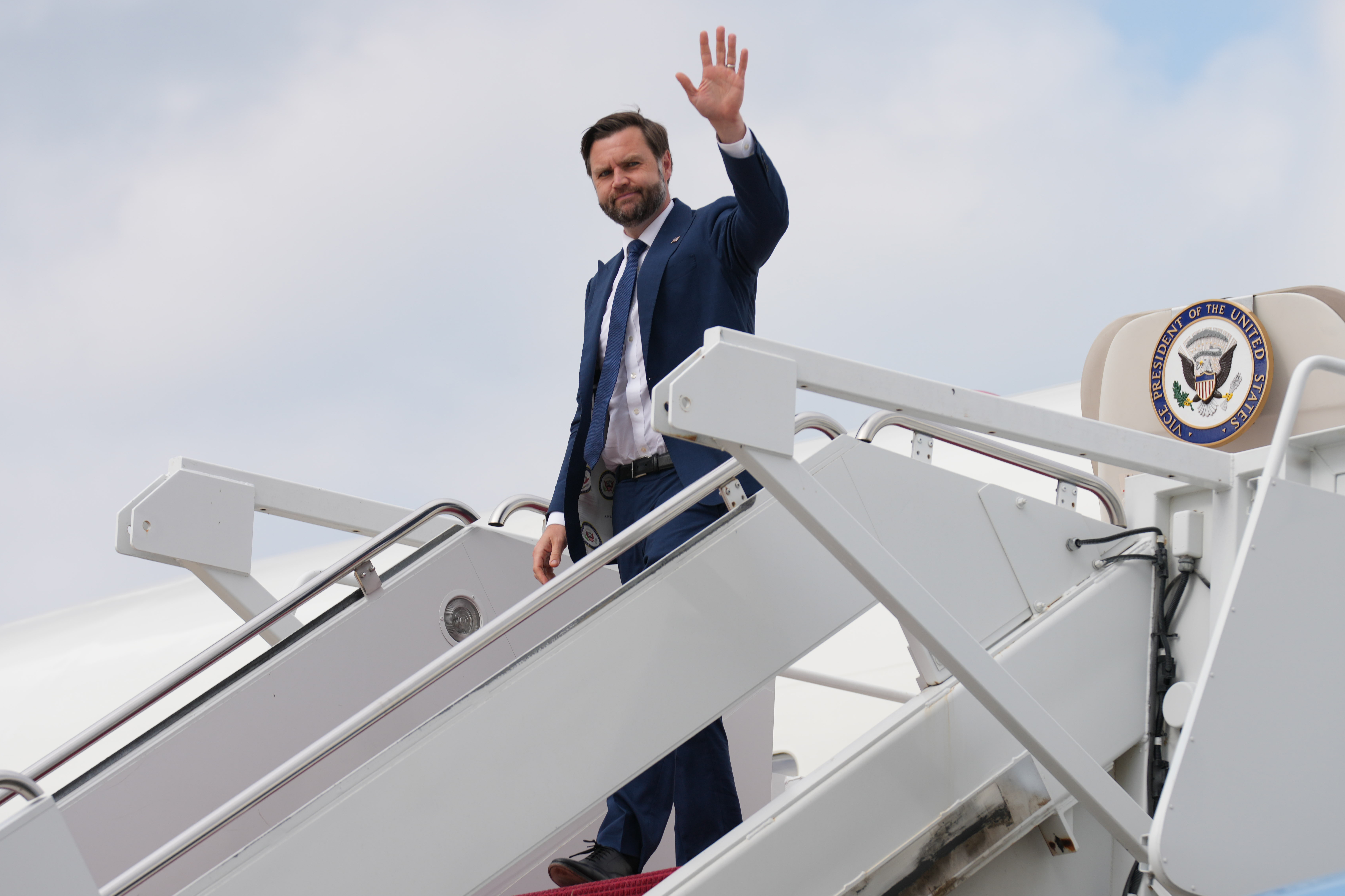 Vice President JD Vance steps off Air Force Two, Wednesday, July 8, 2026, at Joint Base Andrews, Md. (AP Photo/Mark Schiefelbein, Pool)