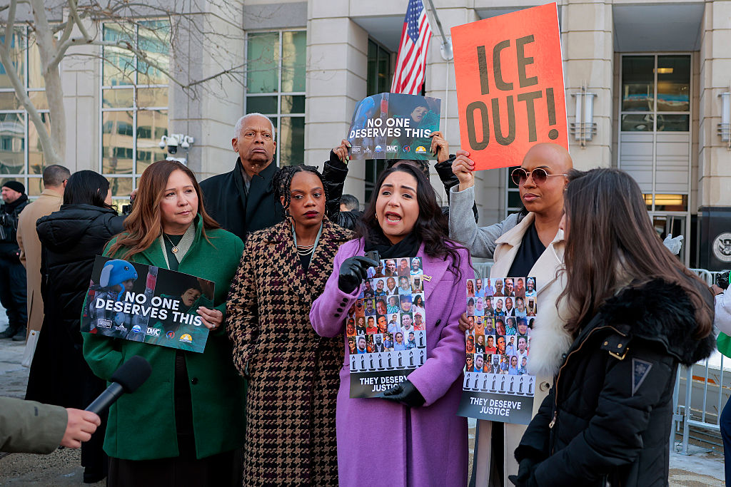 WASHINGTON, DC - FEBRUARY 03: The Congressional Hispanic Caucus rally outside of the ICE Headquarters on February 03, 2026 in Washington, DC. The Congressional Hispanic Caucus called for the impeachment of U.S. Secretary of Homeland Security Kristi Noem. (Photo by Heather Diehl/Getty Images)