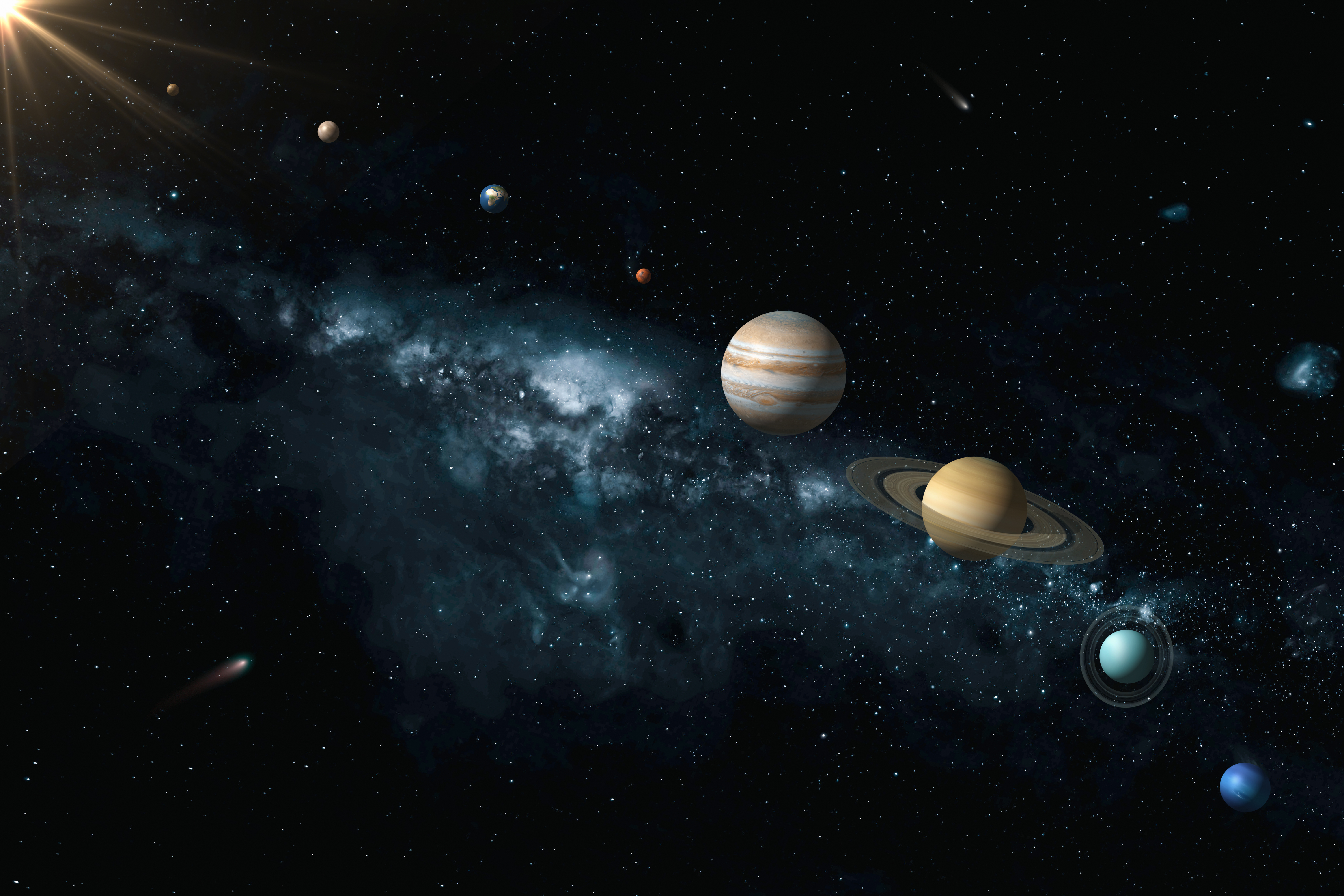 Complete solar system visualization showing all planets arranged in order from the sun across deep space. Mercury, Venus, Earth, Mars, Jupiter, Saturn, Uranus, and Neptune occupy their respective positions in the composition. Saturn displays its characteristic ring system prominently in the scene. Uranus appears as an ice giant with visible ring structure. Comets travel through the cosmic environment, adding dynamic elements to the scene. The Milky Way galaxy stretches across the background, creating a vast stellar backdrop with its cloudy structure and numerous stars. Distant galaxies dot the deep space environment. The sun's bright rays emanate from the composition's edge, casting light across all planetary bodies. The arrangement demonstrates the relative positions and scale relationships between all eight planets within our solar system, set against the expansive cosmic perspective of interstellar space. Textures of objects are taken from https://images.nasa.gov.