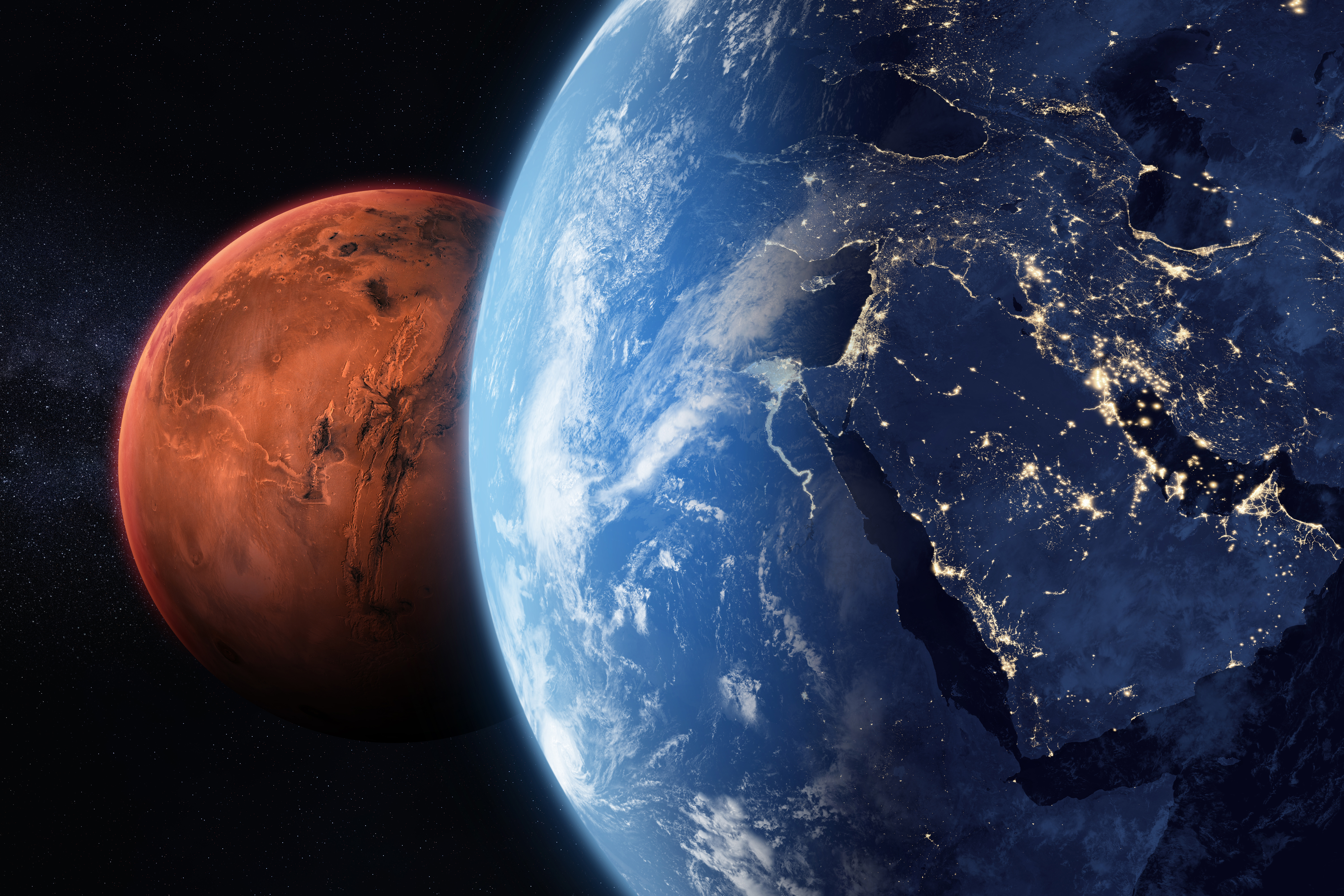 Earth and Mars planets. Middle East at night viewed from space. Colonization of Mars. Mars mission concept. Planets of the Solar system. Night Earth planet. This image elements furnished by NASA. ______ Url(s):
https://science.nasa.gov/resource/viking-1-orbiter-partial-image-of-mars/
https://svs.gsfc.nasa.gov/30028#media_group_346239
https://neo.gsfc.nasa.gov/archive/blackmarble/media/
https://neo.gsfc.nasa.gov/archive/bluemarble/
https://neo.gsfc.nasa.gov/archive/bluemarble/cloud.E.2001210.21600x21600.png
Adobe Photoshop CC 2023. Optical Flare. Adobe After Effects CC 2021. 3ds Max 2016