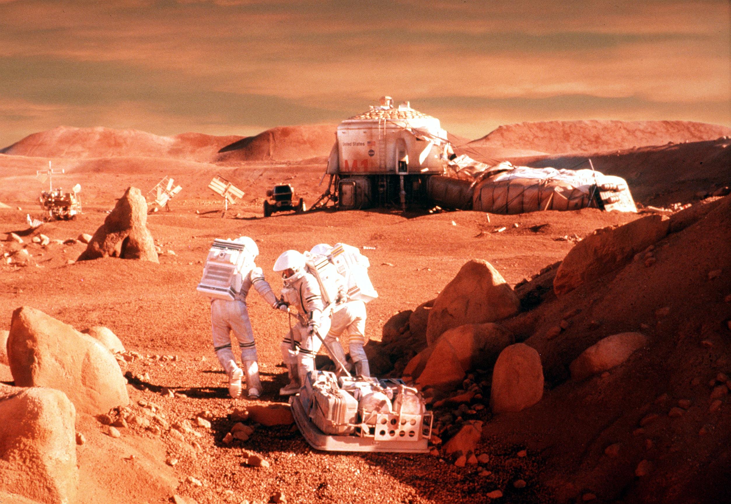 The Mars Recovery team of Phil Ohlmyer (Jerry O'Connell, left), Jim McConnell (Gary Sinise, center) and Terri Fisher (Connie Nielsen, right) arrive with supplies and head toward the Mars One base camp in Touchstone Pictures' adventure/drama,