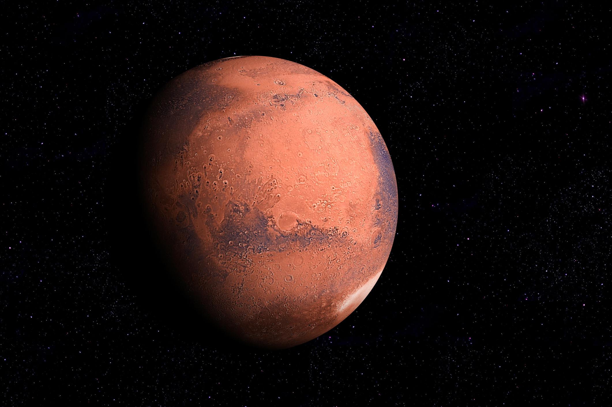 A detailed spherical view of Mars showing its dusty red surface, craters, and diverse geological formations against stars. Mars map image courtesy of NASA.