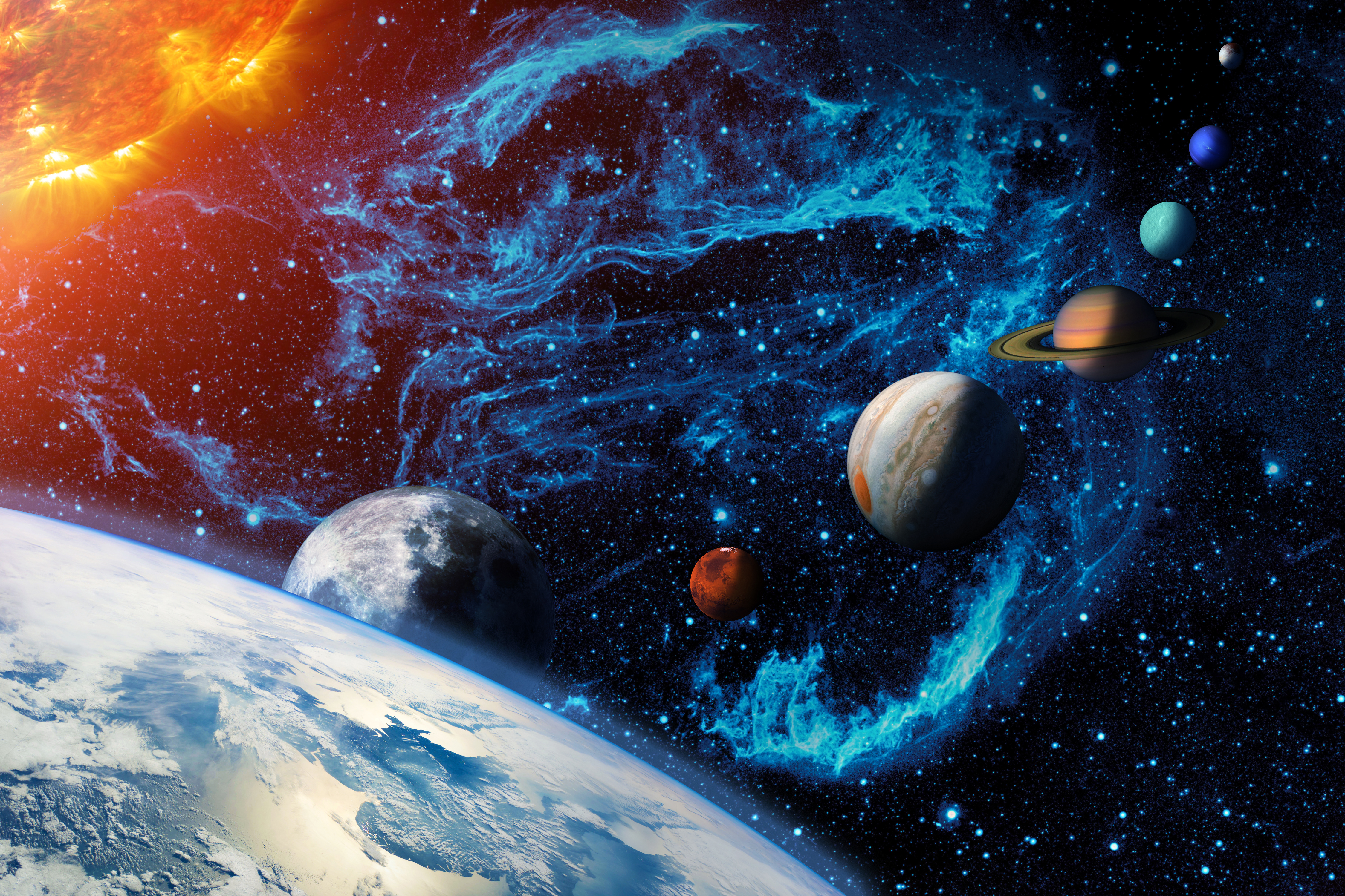 Digital illustration of the Solar system. Sun, Earth and planetary Moon, Mars, Jupiter, Saturn, Uranus, Neptune and the dwarf Pluto. A row of planets and a stellar nebula in outer space. Clipping path included for the foreground objects. Opacity and bump textures for the earth and other planets map prepared via images from www.nasa.gov. Earth texture: images-assets.nasa.gov/image/iss040e016389/iss040e016389~orig.jpg