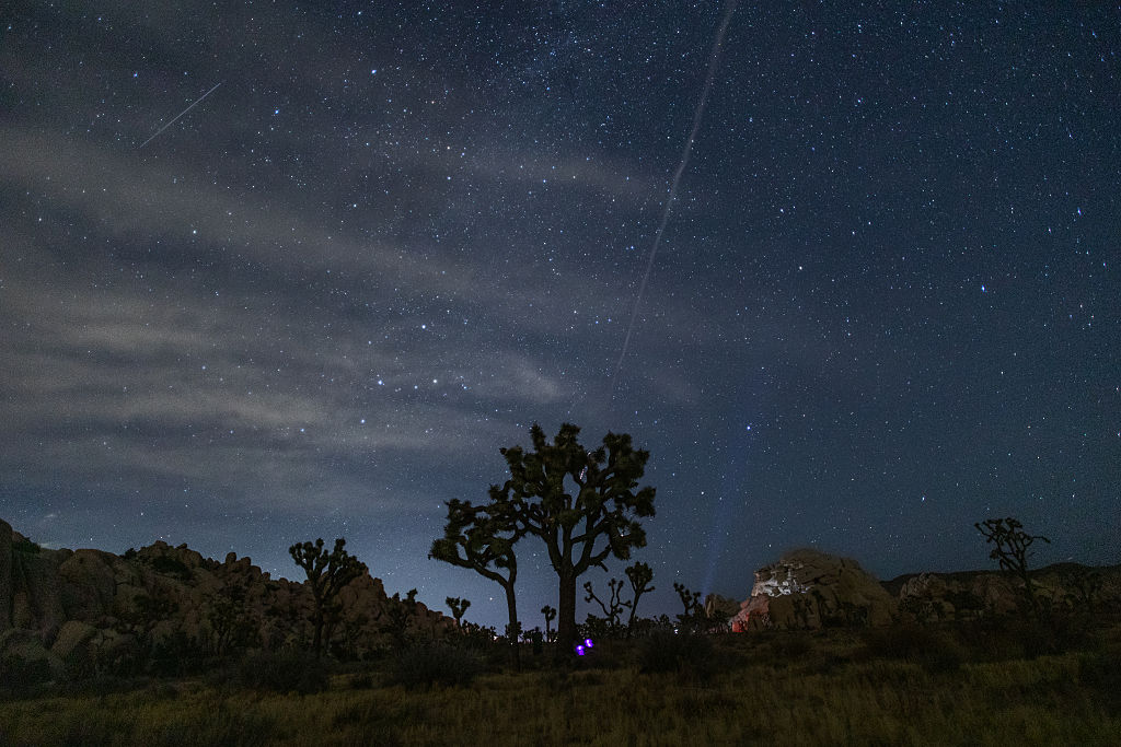 Perseid Meteor Shower were captured over Joshua Tree National Park on August 12, 2026 in Joshua Tree, California. (Image Source: Getty/Apu Gomes)