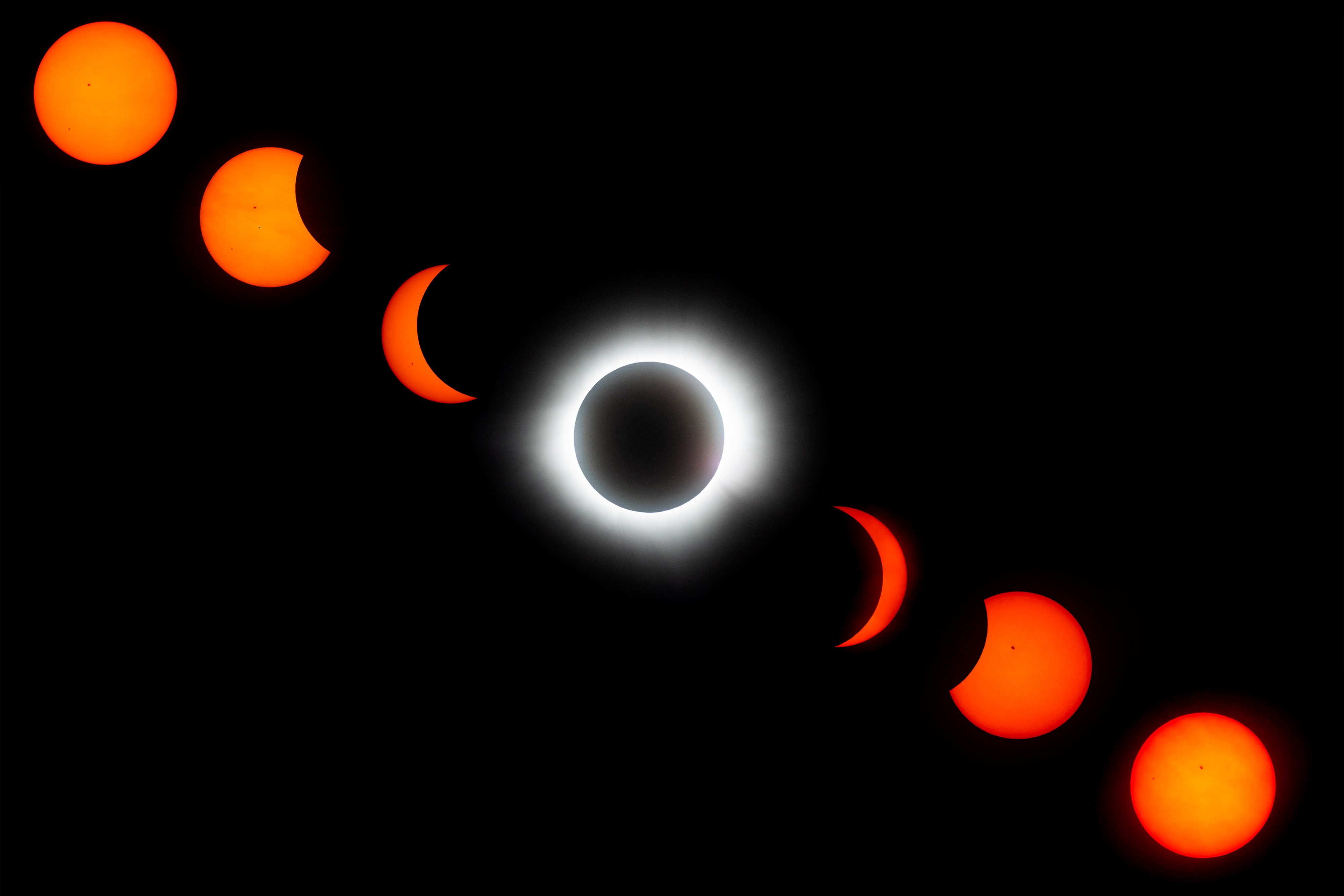 MAZATLAN, MEXICO - APRIL 08: (EDITOR'S NOTE: Multiple exposures were used in the creation of this digital composite image.) The Great North American Eclipse is seen using seven interval timer photos to show the full evolution of eclipse on April 08, 2024 in Mazatlan, Mexico. Millions of people have flocked to areas across North America that are in the