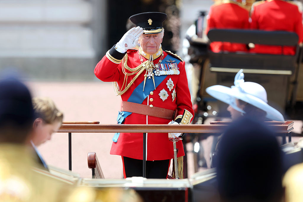 King Charles III salutes during Trooping The Colour.
