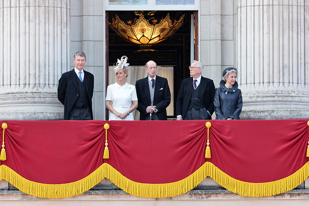 Vice Admiral Sir Timothy Laurence, Sophie, Duchess of Edinburgh, Prince Edward, Duke of Kent, Prince Richard, Duke of Gloucester and Birgitte, Duchess of Gloucester on the balcony of Buckingham Palace during Trooping The Colour.